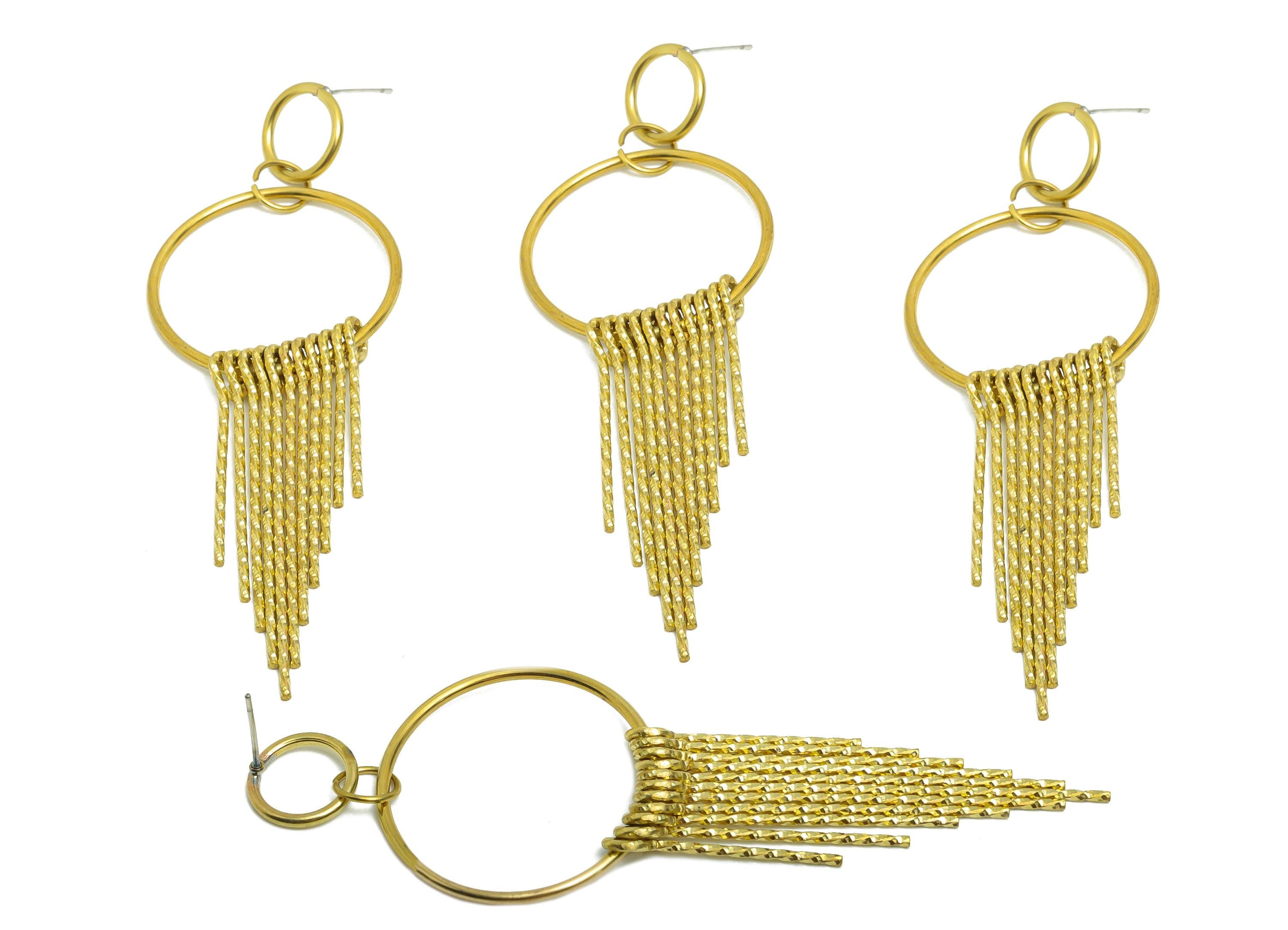 Dangle Tassel Earring Stud - Raw Brass Boho Textured Tassel Wire Post - Layered Fringe Earring for Bold Look Post - 90x30x5mm - PP10835 - DOMEDBAZAAR