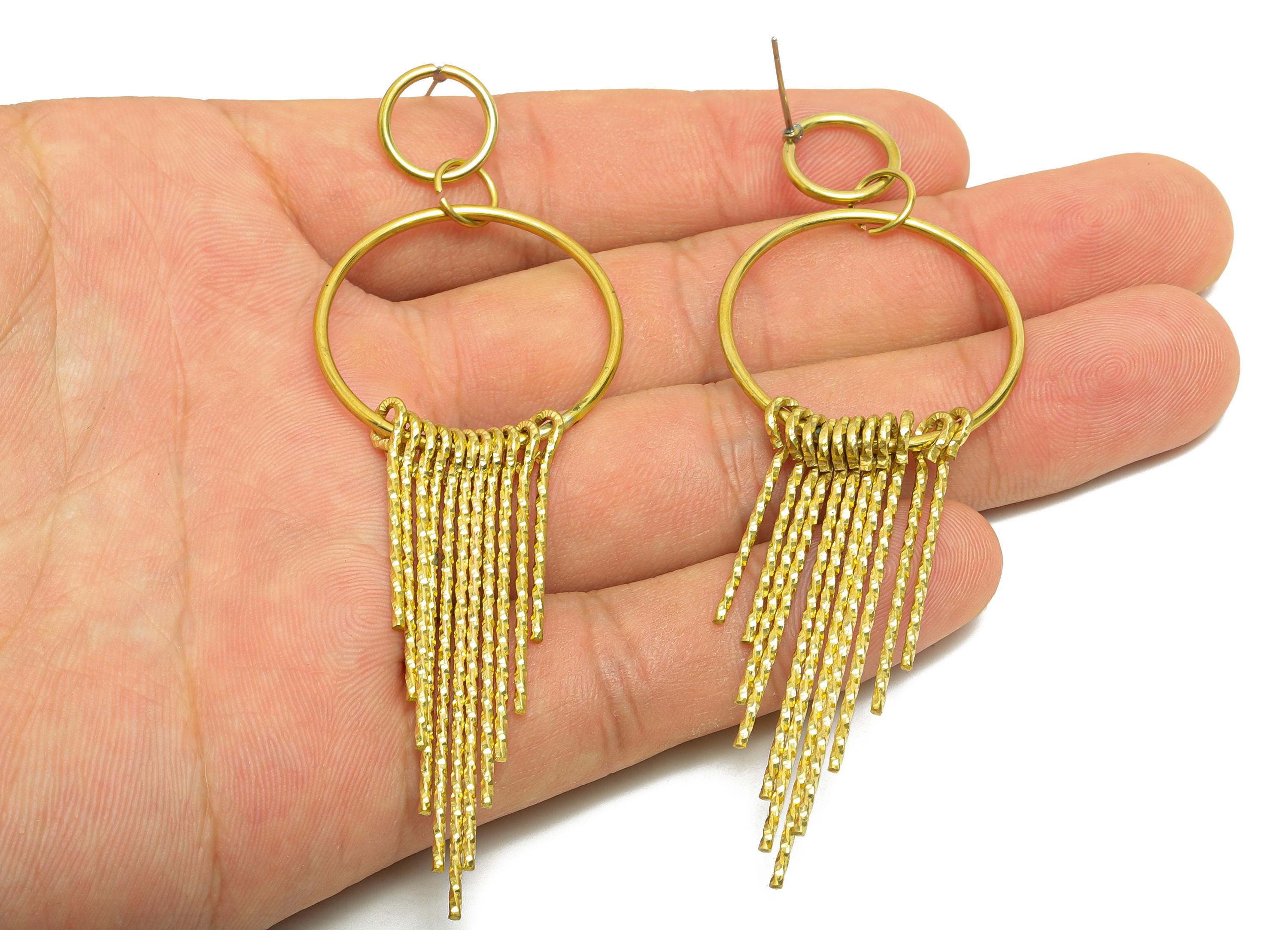 Dangle Tassel Earring Stud - Raw Brass Boho Textured Tassel Wire Post - Layered Fringe Earring for Bold Look Post - 90x30x5mm - PP10835 - DOMEDBAZAAR