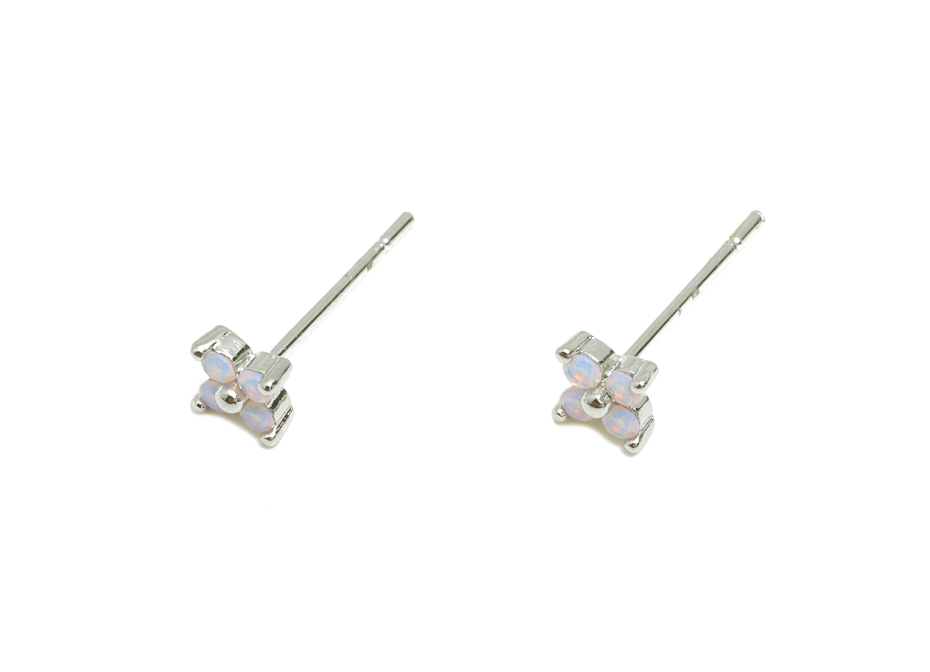 Brass Dainty Earring Stud - Brass Elegant Flower Earring Stud - Opalite Natural Stone Classic Jewelry - White Gold Plated - 4x4x2mm-RGP10316 - DOMEDBAZAAR