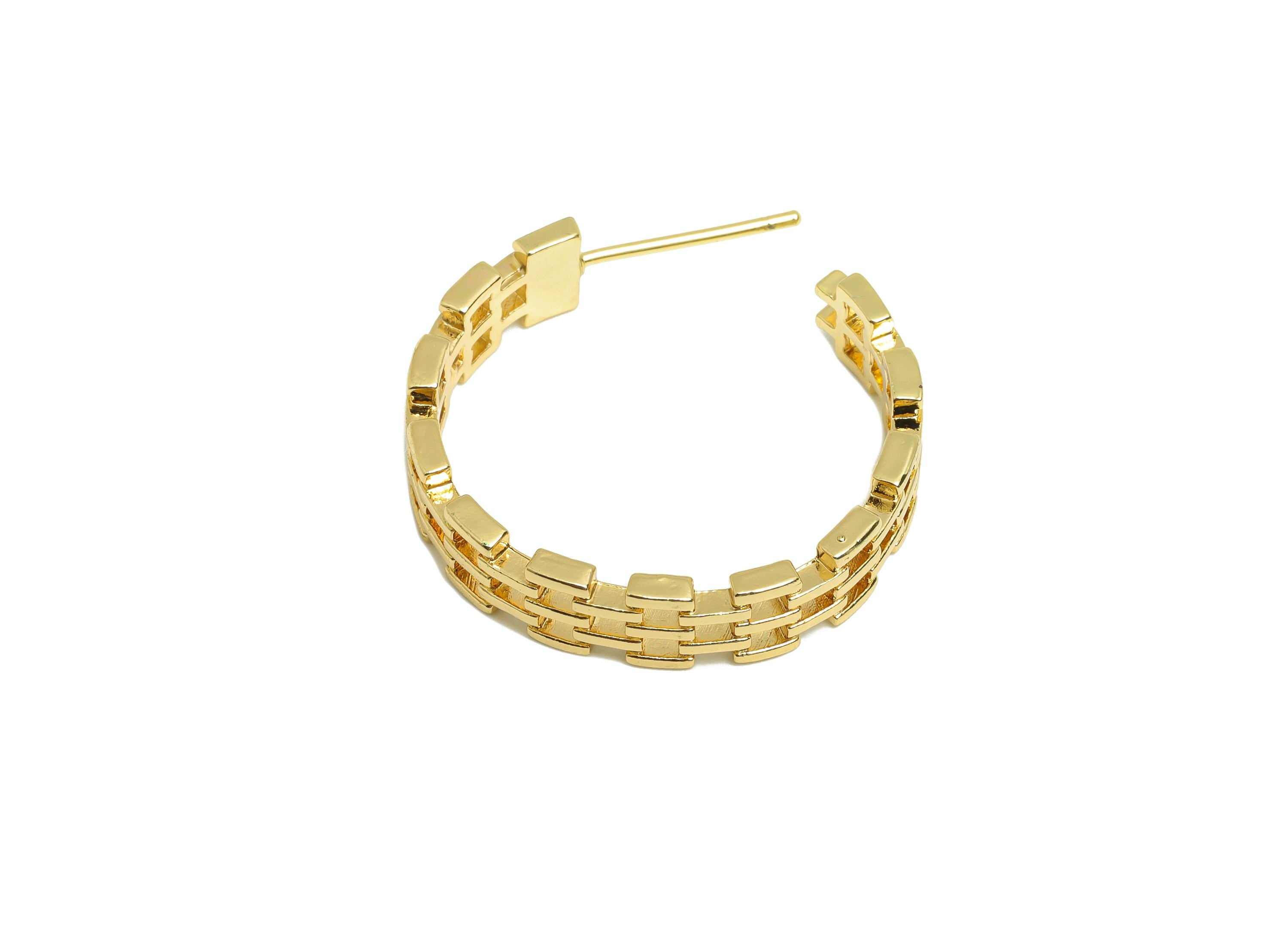 Brass Fence Earring Stud - Gold Minimalist C Hoop Earring Post - Circle Daily Wear Ear - 18K Real Gold Plating - 24.43x23.9x1.84mm - RGP9019 - DOMEDBAZAAR