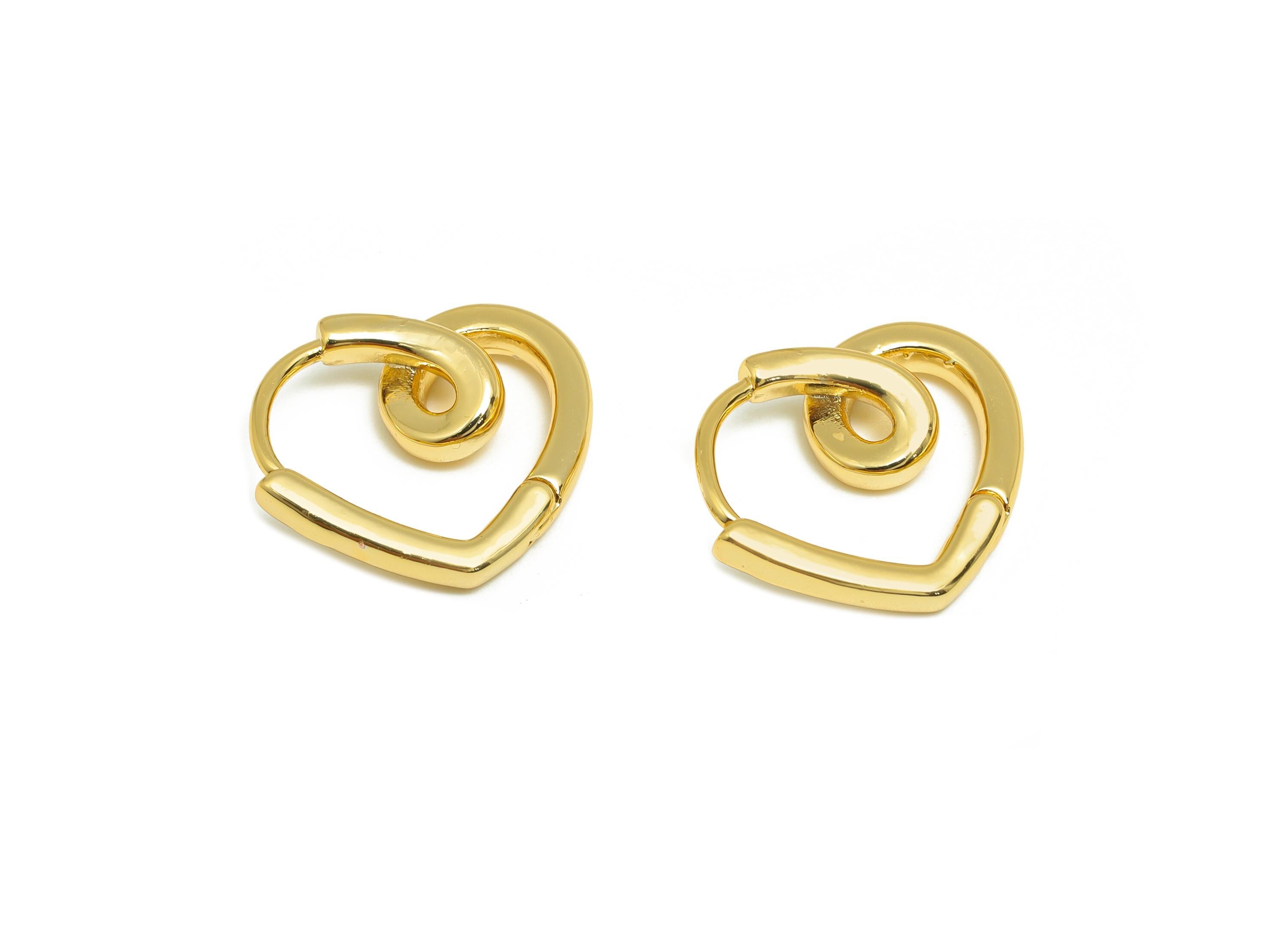Brass Heart Hoop Earring - Gold Huggie Earring for Girl&#39;s - Heart Valentine&#39;s Day Earring - 18K Real Gold Plated -17.04x14.62x2.14mm-RGP9133 - DOMEDBAZAAR