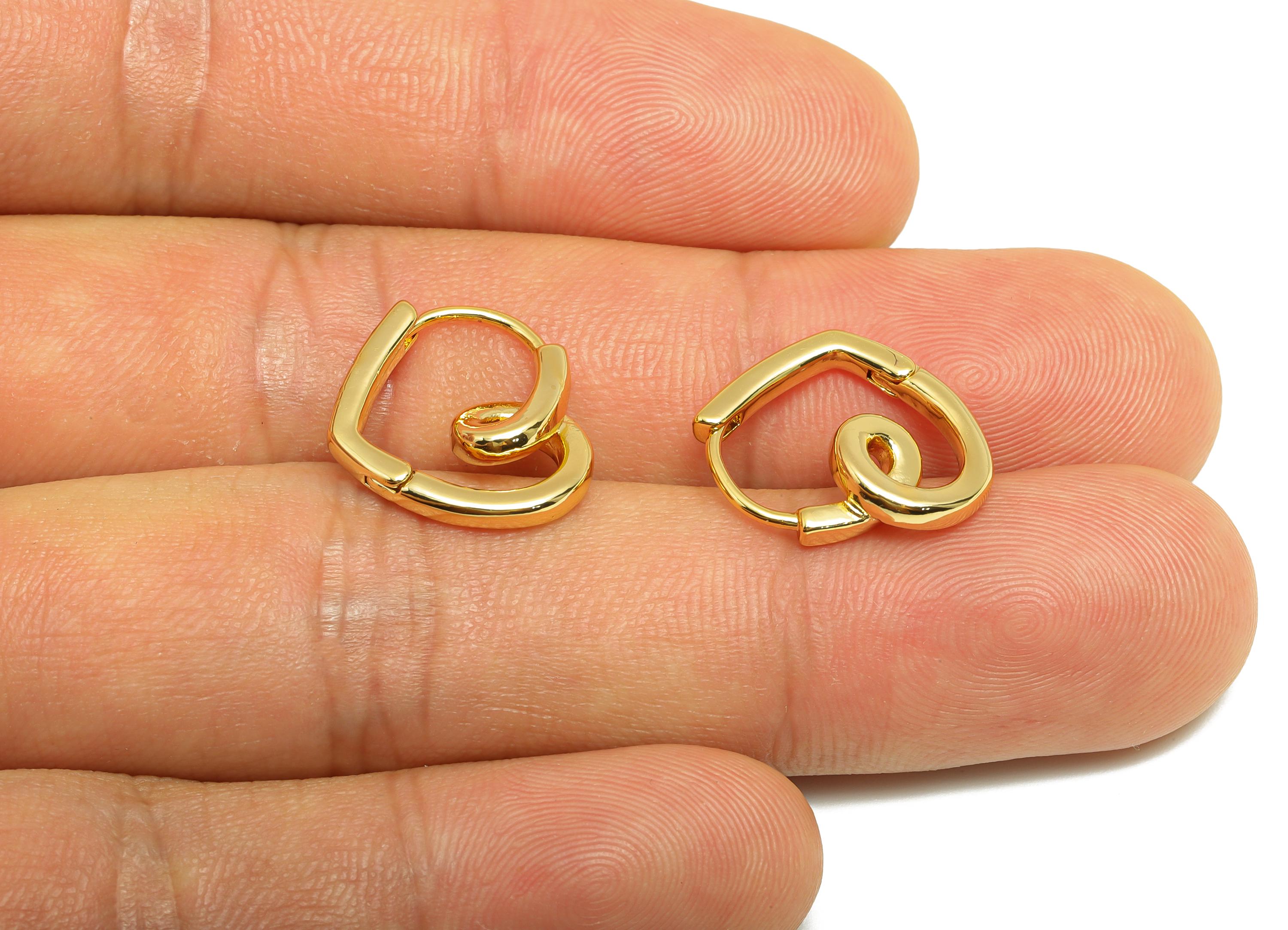 Brass Heart Hoop Earring - Gold Huggie Earring for Girl&#39;s - Heart Valentine&#39;s Day Earring - 18K Real Gold Plated -17.04x14.62x2.14mm-RGP9133 - DOMEDBAZAAR