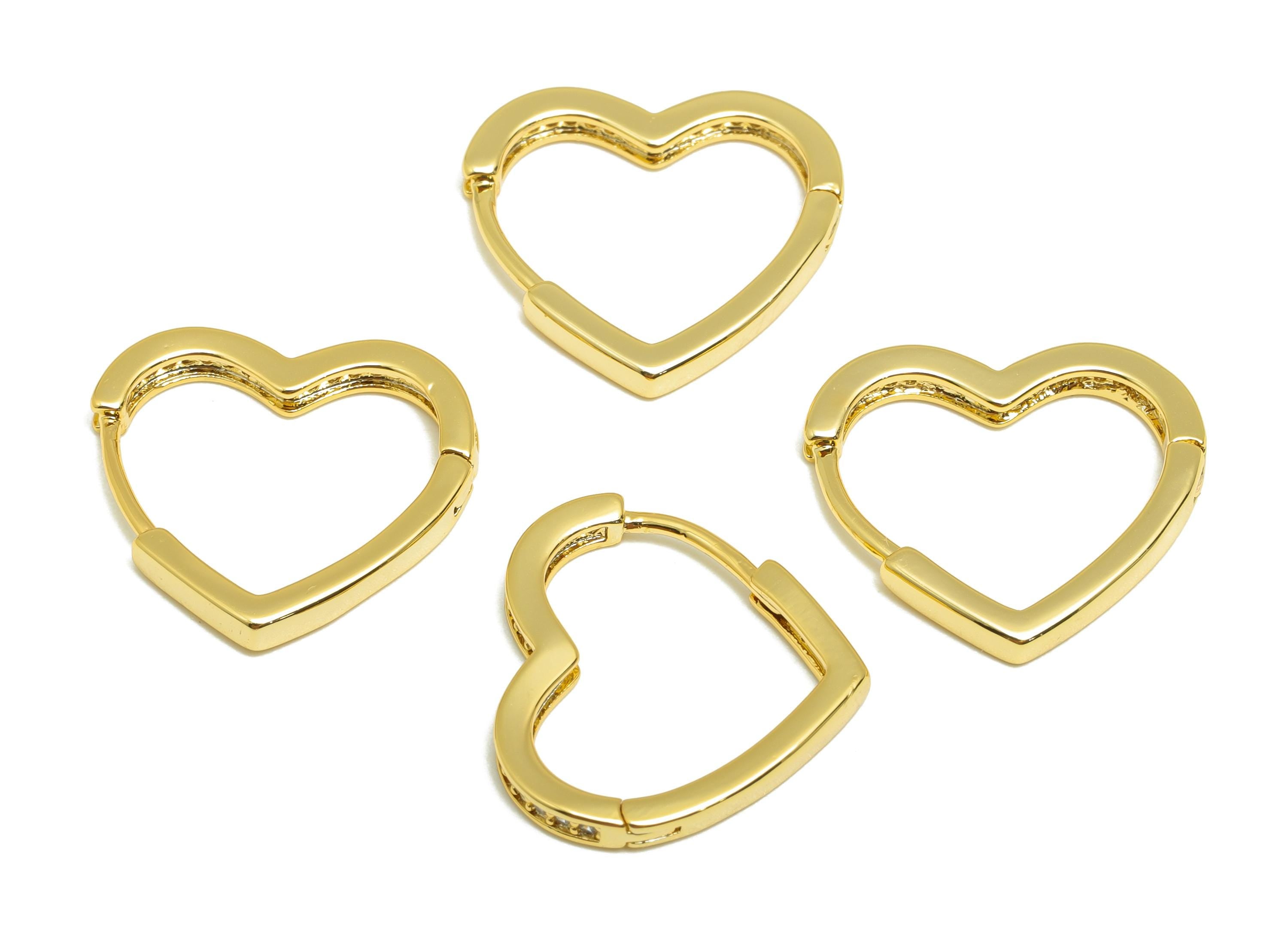 Brass Heart Hoop Ear - Gold Zircon Huggie Earring for Girl&#39;s - Valentine&#39;s Day Earring - 18K Real Gold Plated - 17.88x16.84x2.23mm - RGP9134 - DOMEDBAZAAR