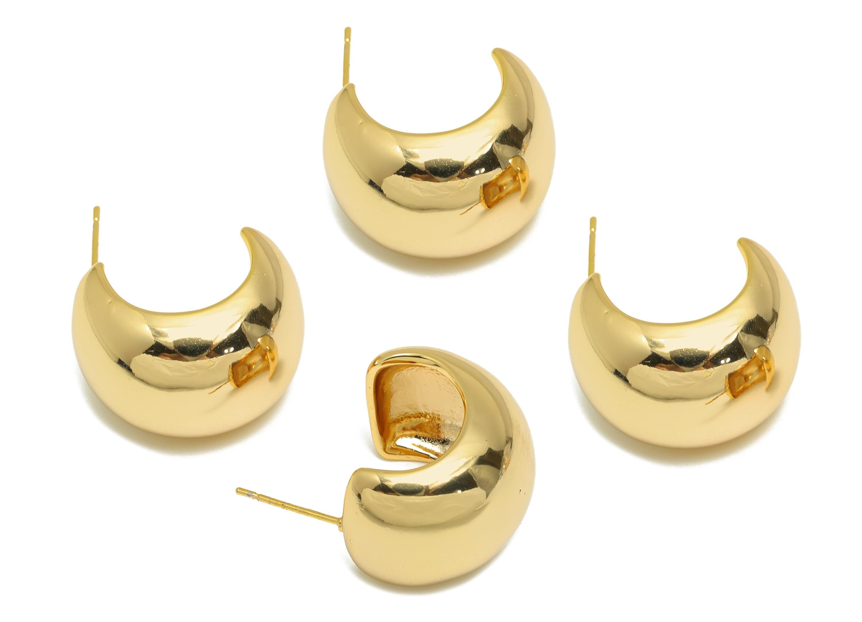 Brass Thick C Hoop Ear - Gold Textured Earring Stud for Girl - Daily Wear Earring Post - 18K Real Gold Plated - 23.09x17.06x2.44mm - RGP9140 - DOMEDBAZAAR