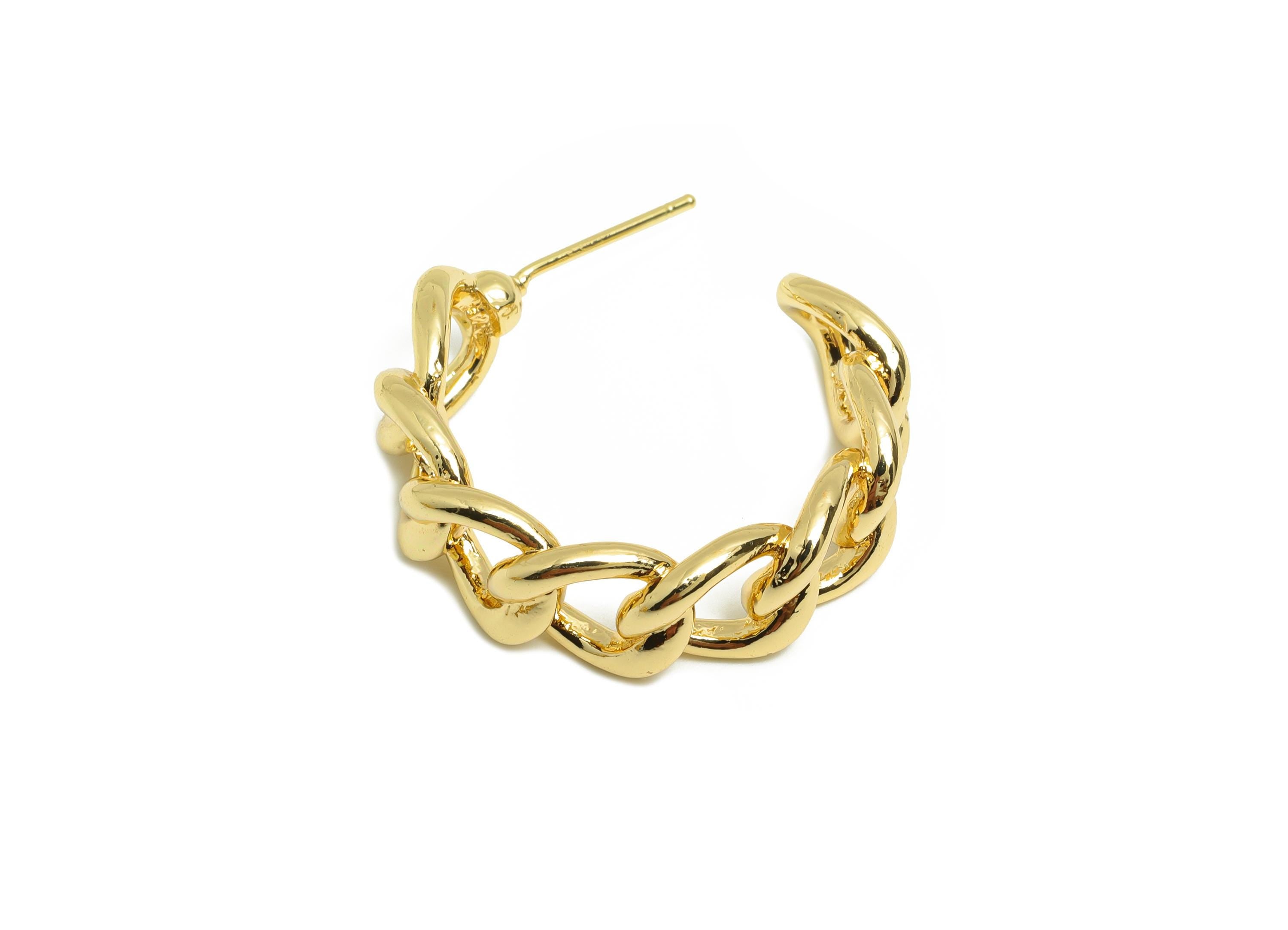 Brass C Hoop Chain Earring - Gold Cube Chain Earring Post - Circle Daily Wear Ear Stud - 18K Real Gold Plated - 26.71x25.72x3.58mm - RGP9022 - DOMEDBAZAAR