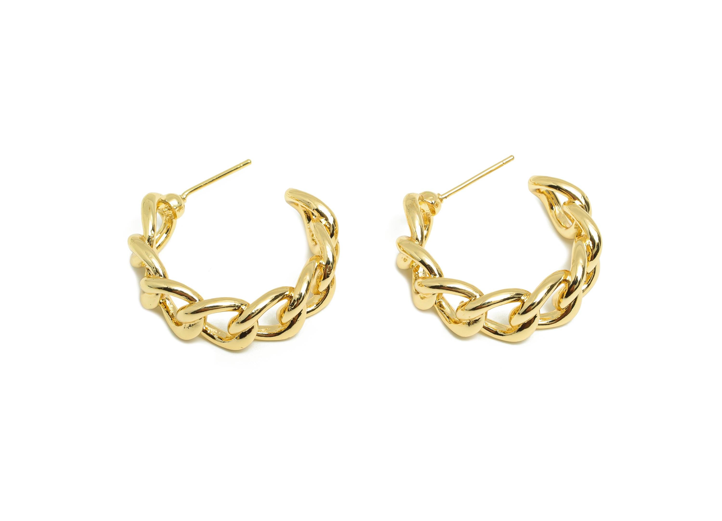 Brass C Hoop Chain Earring - Gold Cube Chain Earring Post - Circle Daily Wear Ear Stud - 18K Real Gold Plated - 26.71x25.72x3.58mm - RGP9022 - DOMEDBAZAAR