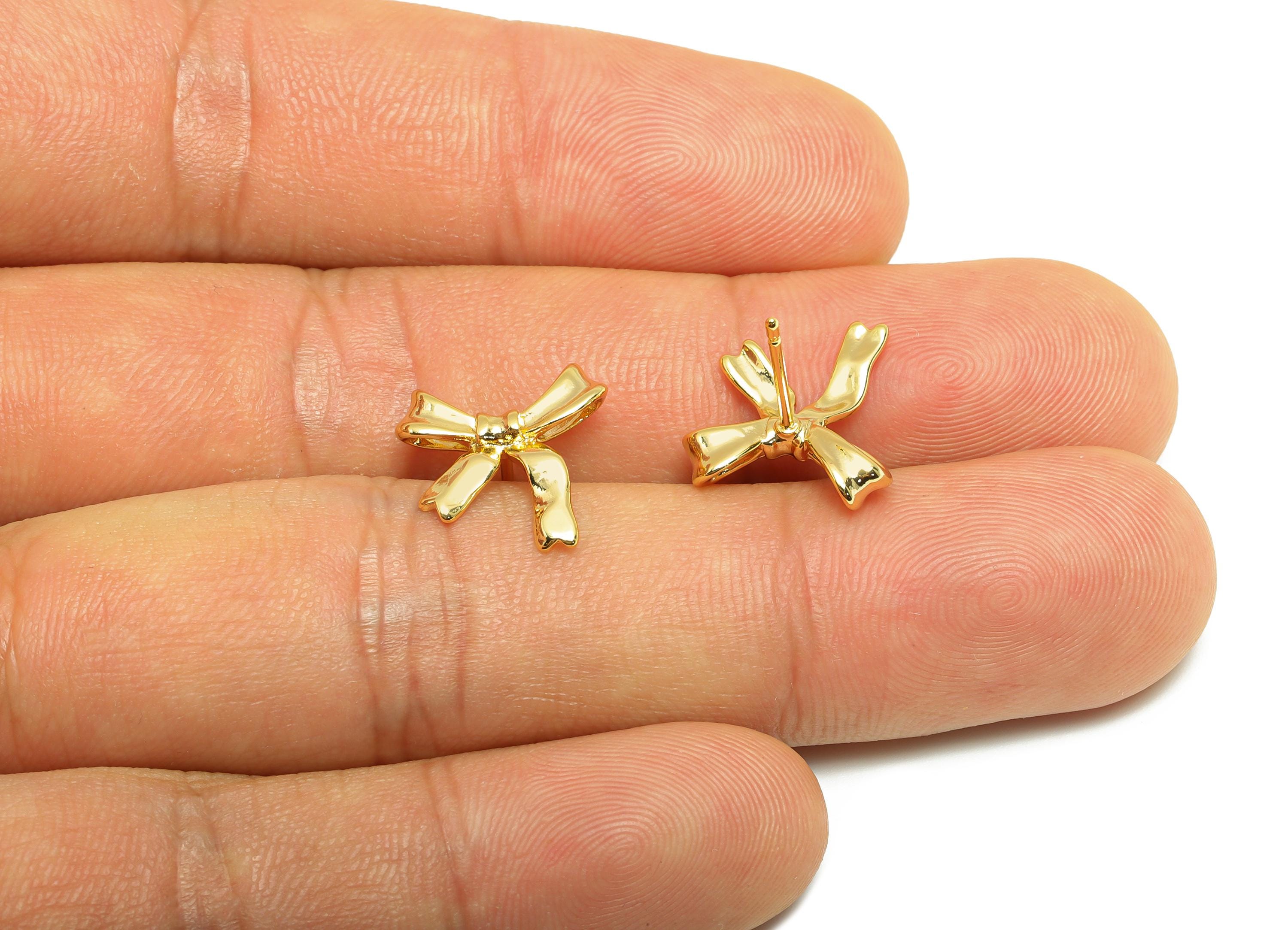 Brass Bow Tie Earring - Textured Bow Tie Earring Stud - Gold Daily Wear Earring Post - 18K Real Gold Plated - 13.98x13.44x0.84mm - RGP9145 - DOMEDBAZAAR