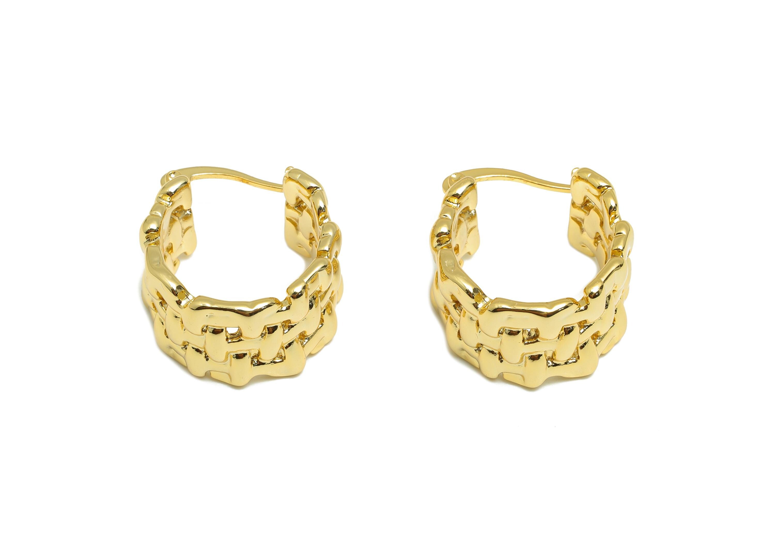 Brass Hinged Back Earring - Gold Hammered Fence Huggie Earring - Thick Daily Wear Ear - 18K Real Gold Plated - 21.12x19.8x2.18mm - RGP9149 - DOMEDBAZAAR