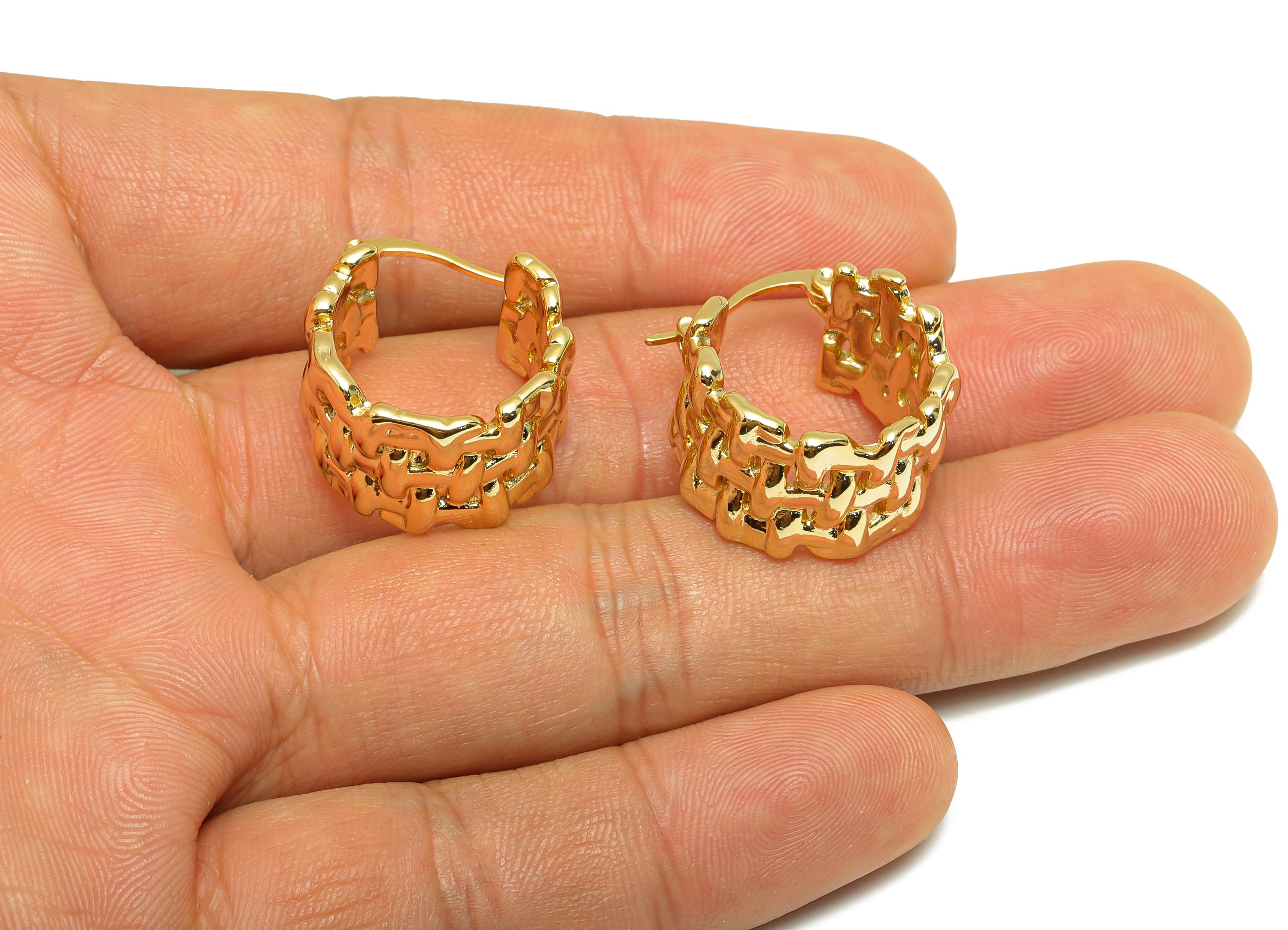 Brass Hinged Back Earring - Gold Hammered Fence Huggie Earring - Thick Daily Wear Ear - 18K Real Gold Plated - 21.12x19.8x2.18mm - RGP9149 - DOMEDBAZAAR