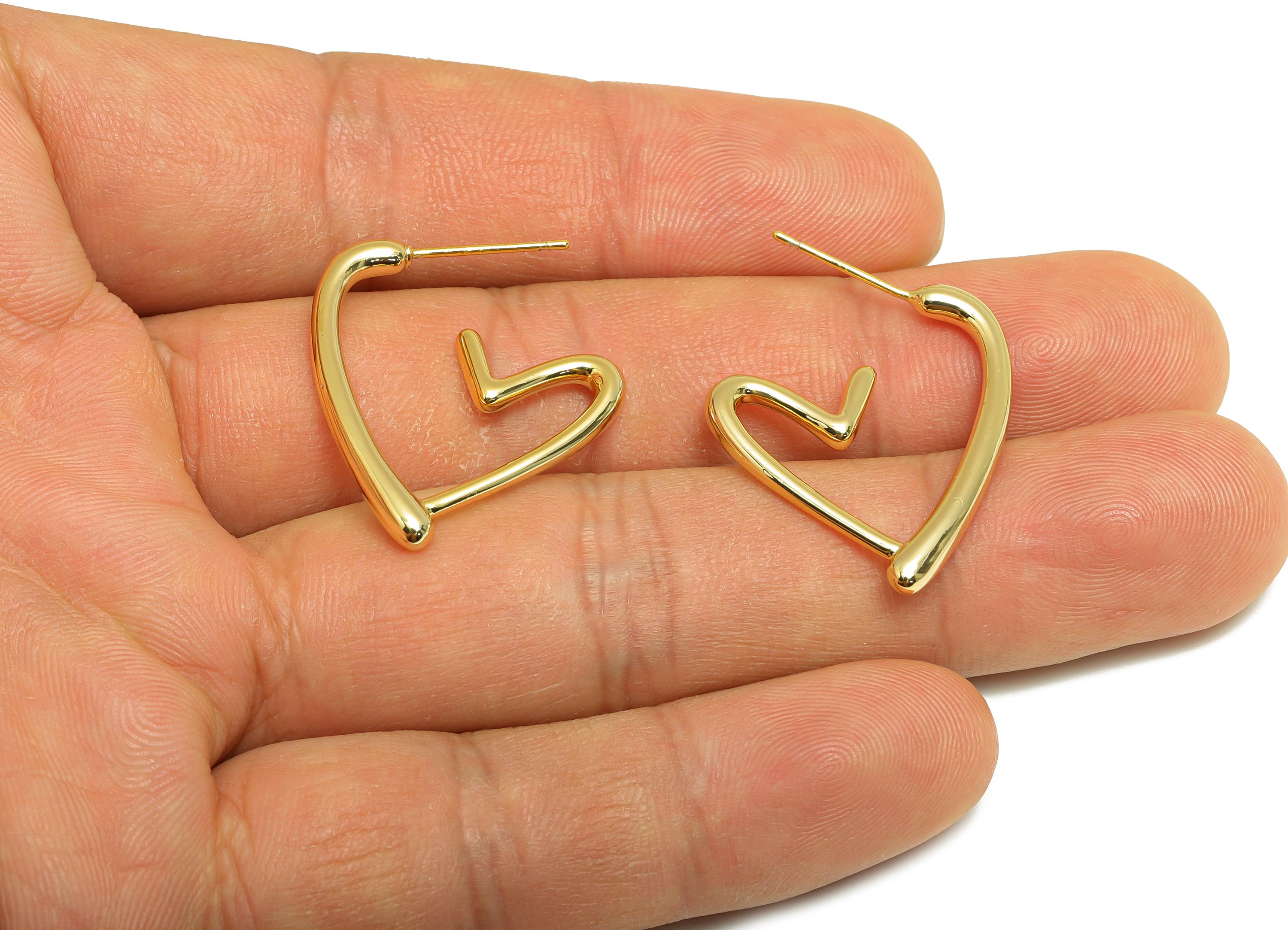 Brass Heart Earring Stud - Gold Open Heart Ear for Girls - Valentine&#39;s Day Earring Post - 18K Real Gold Plated -27.15x22.13x2.62mm- RGP9153 - DOMEDBAZAAR