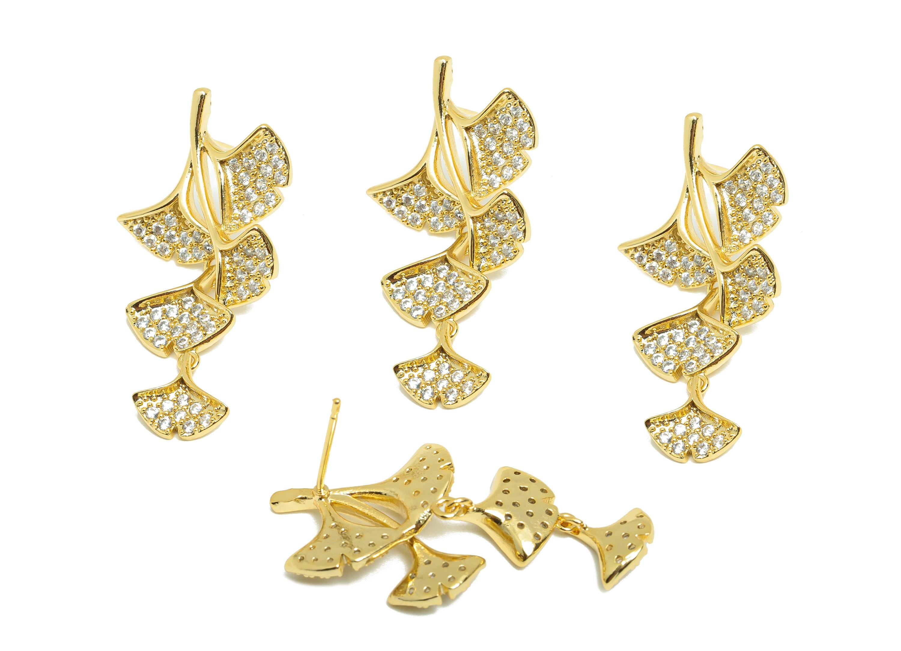 Brass Ginkgo Dangle Earring - Gold Zircon Leaves Earring - Daily Wear Dangle Earring Post - 18K Real Gold Plating-38.77x19.39x2.61mm-RGP9030 - DOMEDBAZAAR