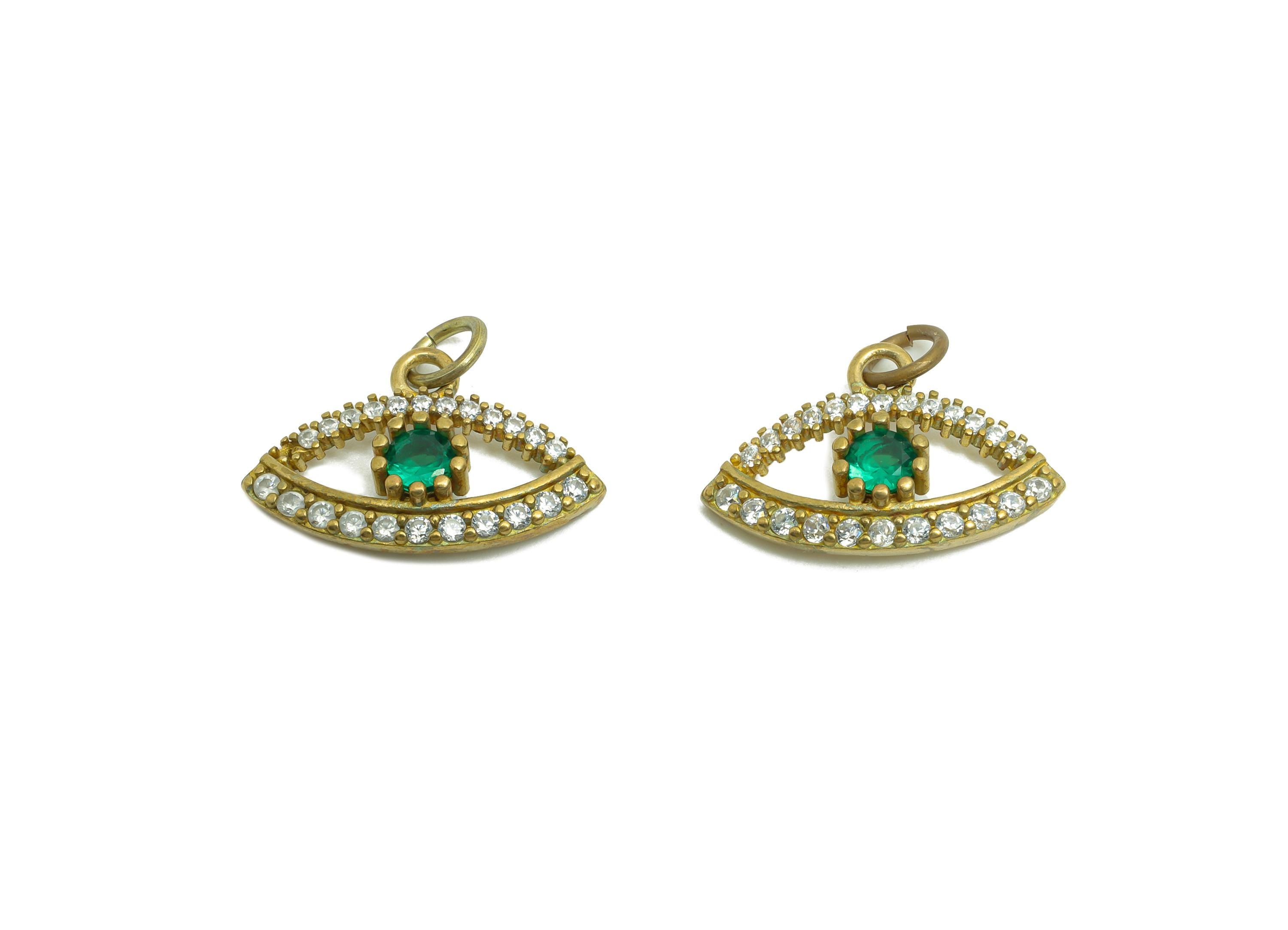 Brass Eye Earring Charm - Raw Brass Zircon Vintage Pendant - Good Luck Amulet Jewelry -  Protection Symbol Jewelry - 18x11x1mm - PP10846 - DOMEDBAZAAR