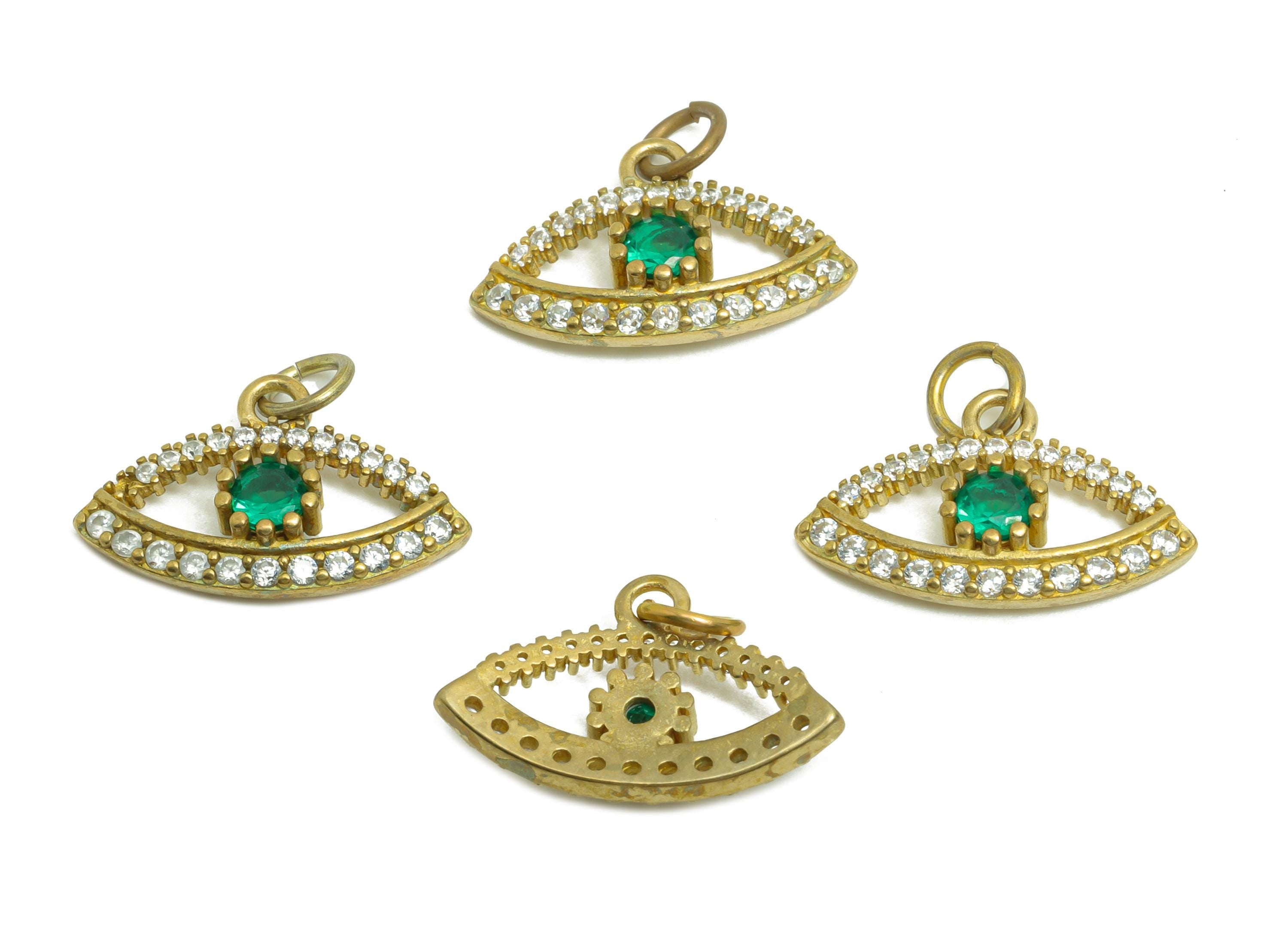 Brass Eye Earring Charm - Raw Brass Zircon Vintage Pendant - Good Luck Amulet Jewelry -  Protection Symbol Jewelry - 18x11x1mm - PP10846 - DOMEDBAZAAR