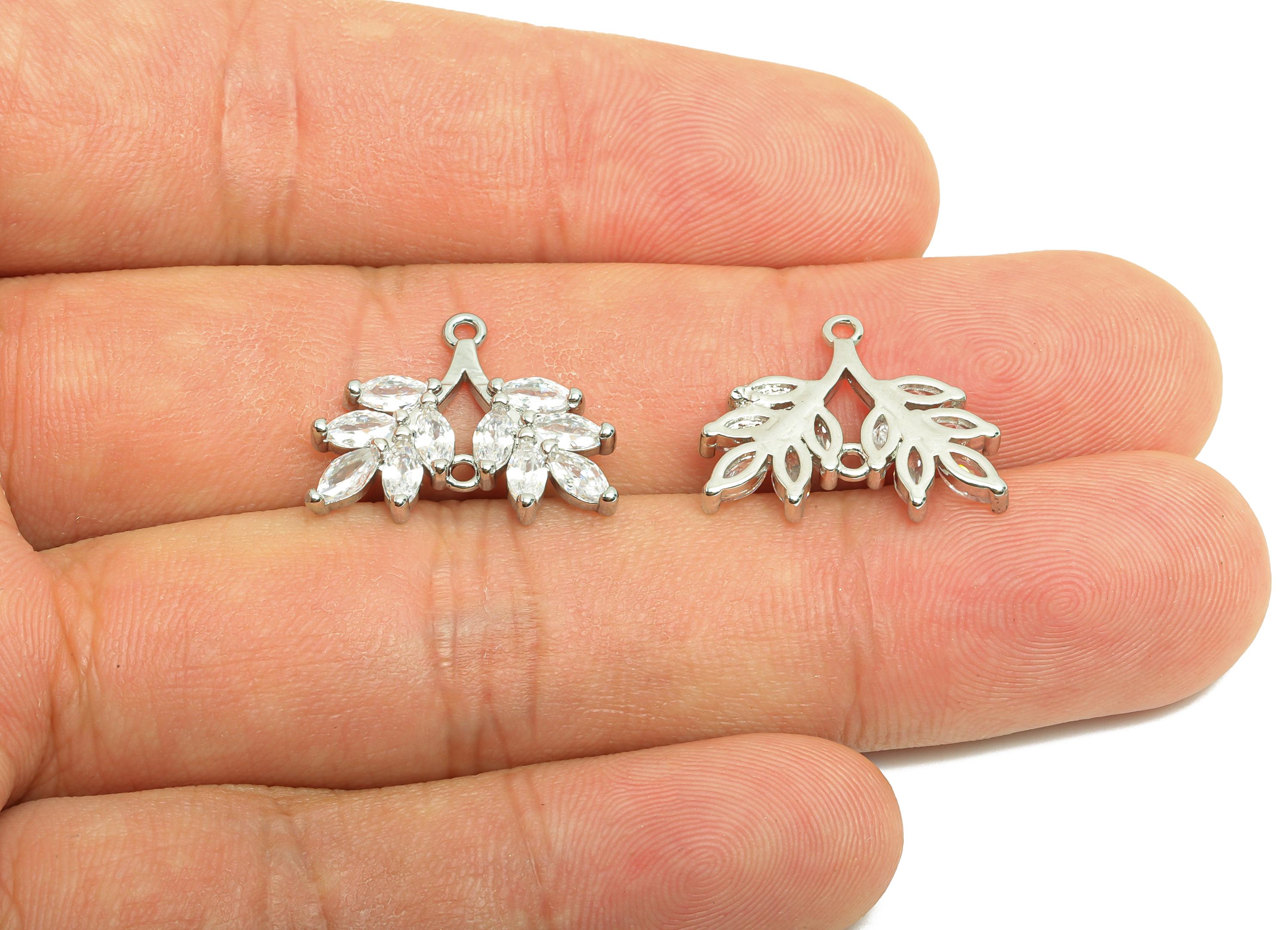 Brass Leaf Earring Charm - Brass Zircon Botanical Pendant - Brass Silver Sparkling Marquise - Elegant Jewelry - 19.2x15.5x2.6mm - RGP10127 - DOMEDBAZAAR