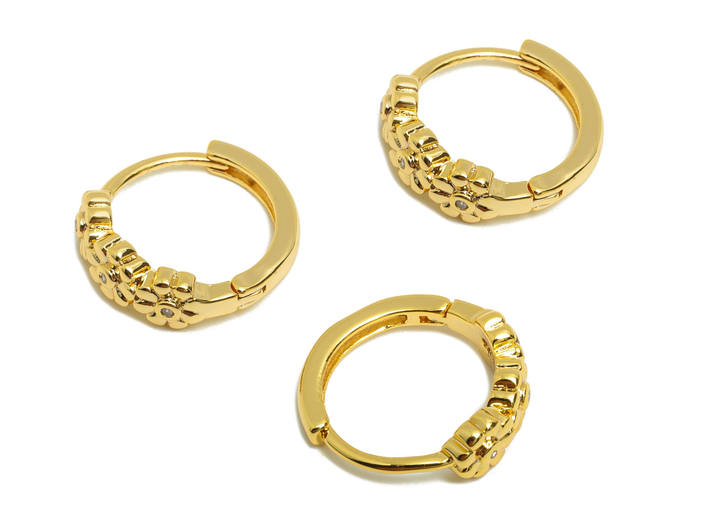 Brass Flower Huggie Earring - Gold Zircon Hoop Earring for Girls - Daily Wear Hoop Ear - 18K Real Gold Plated - 14.54x13.29x1.77mm - RGP9033 - DOMEDBAZAAR