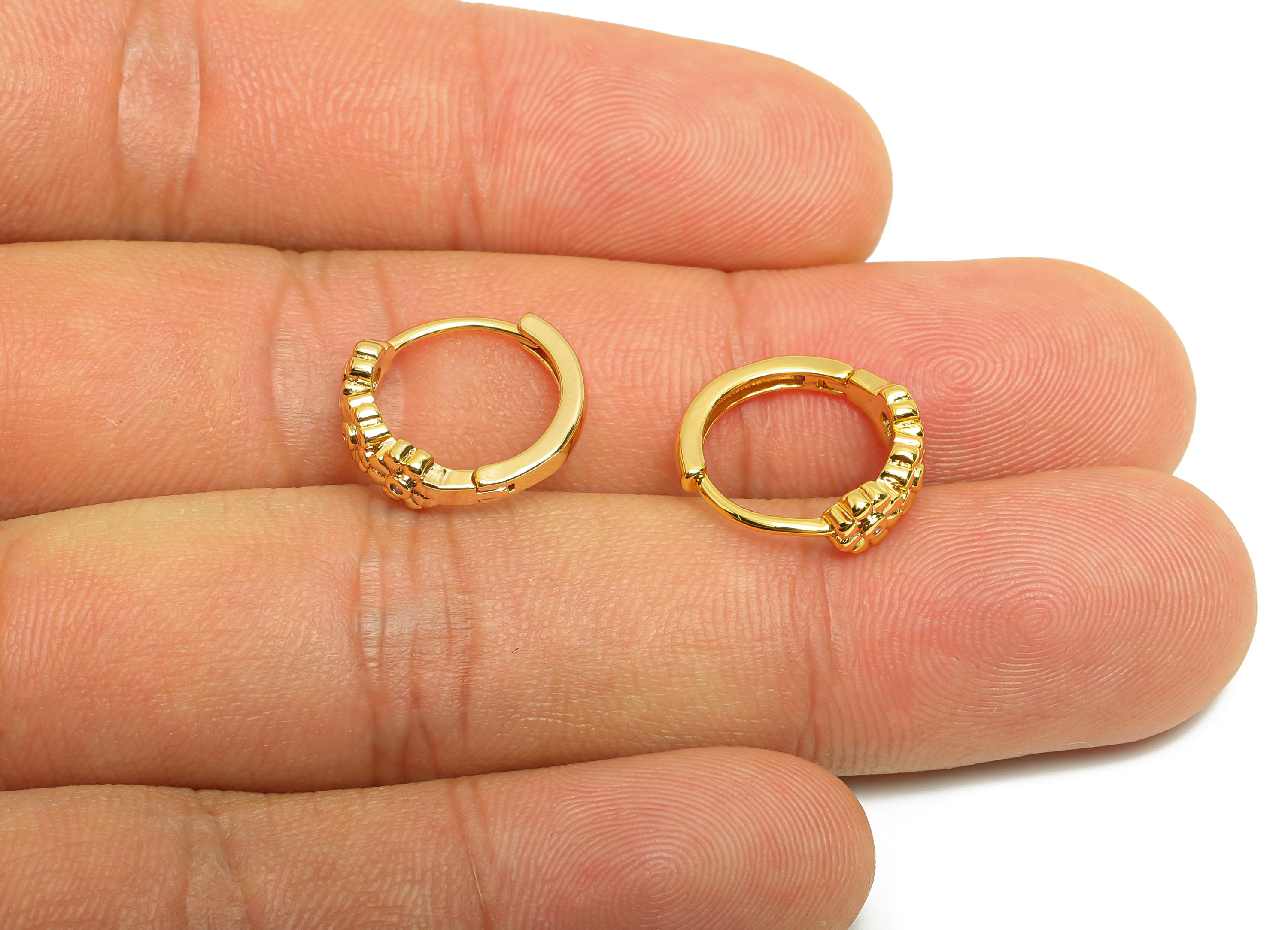 Brass Flower Huggie Earring - Gold Zircon Hoop Earring for Girls - Daily Wear Hoop Ear - 18K Real Gold Plated - 14.54x13.29x1.77mm - RGP9033 - DOMEDBAZAAR