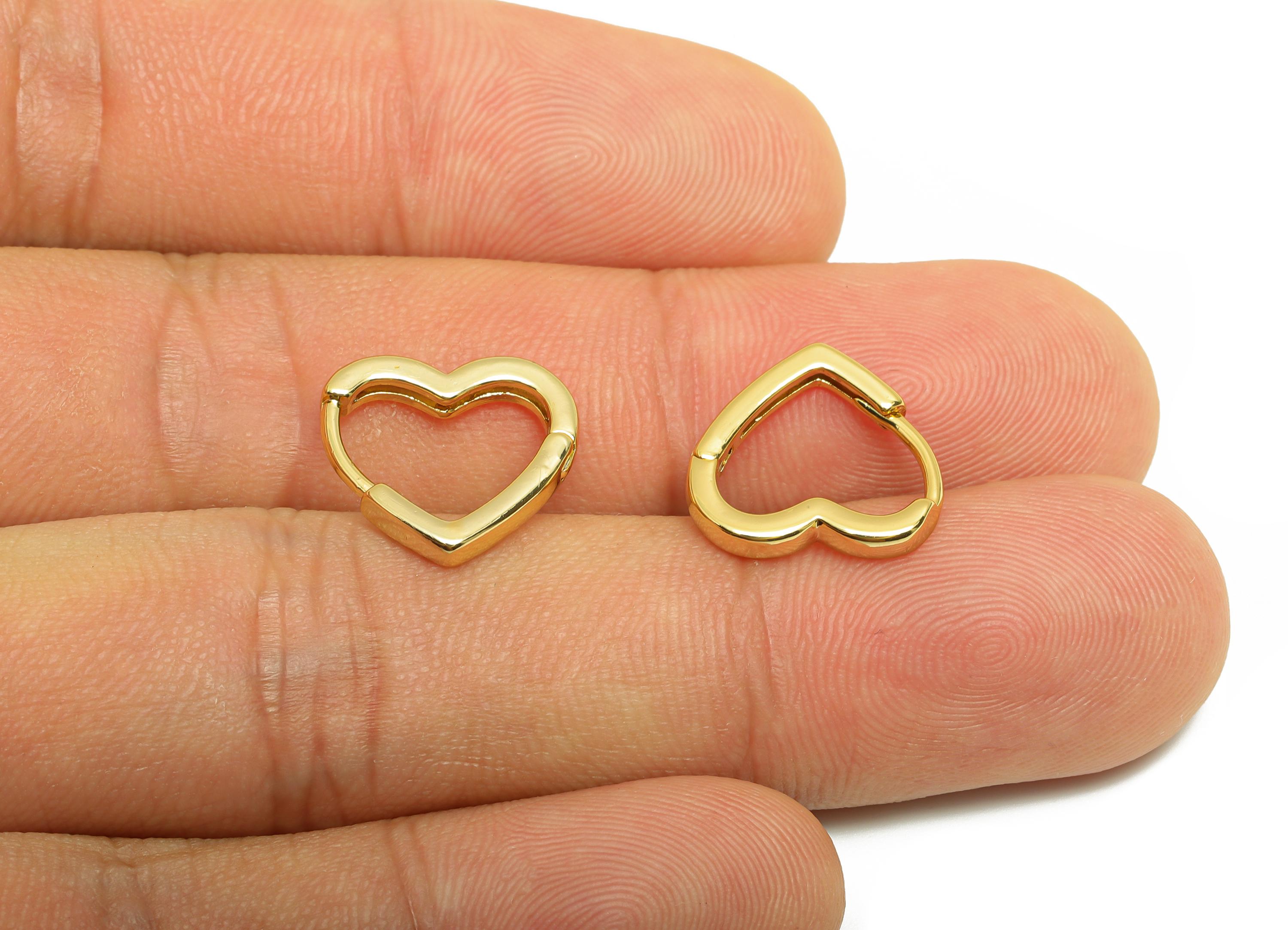 Brass Heart Hoop Earring - Gold Huggie Earring for Girl&#39;s - Heart Valentine&#39;s Day Earring - 18K Real Gold Plated -14.45x13.48x2.13mm-RGP9061 - DOMEDBAZAAR