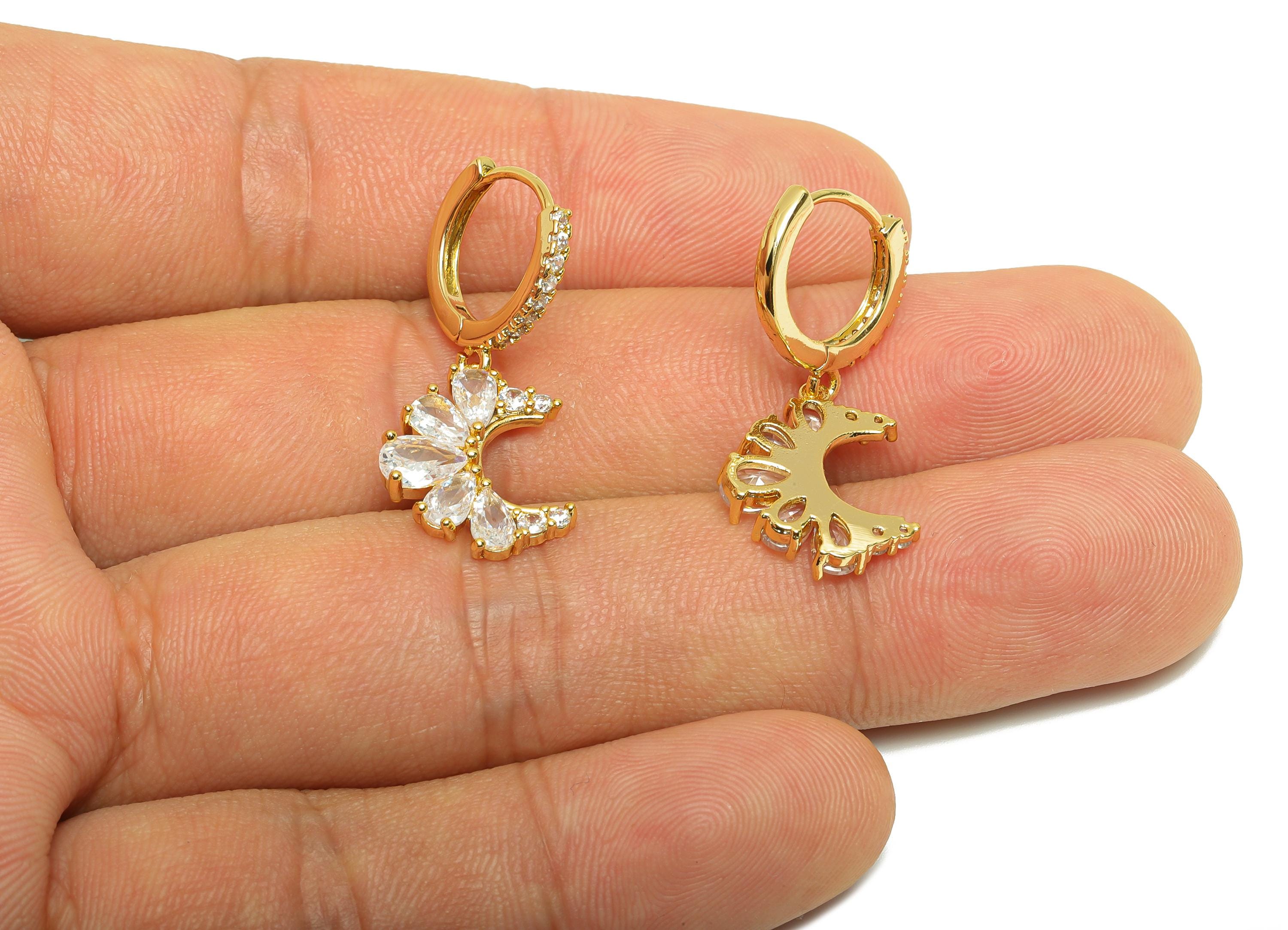 Brass Moon Dangle Earring - Gold Zircon Huggie Earring - Crescent Daily Wear Dangle Ear - 18K Real Gold Plating -28.83x13.77x2.74mm -RGP9063 - DOMEDBAZAAR