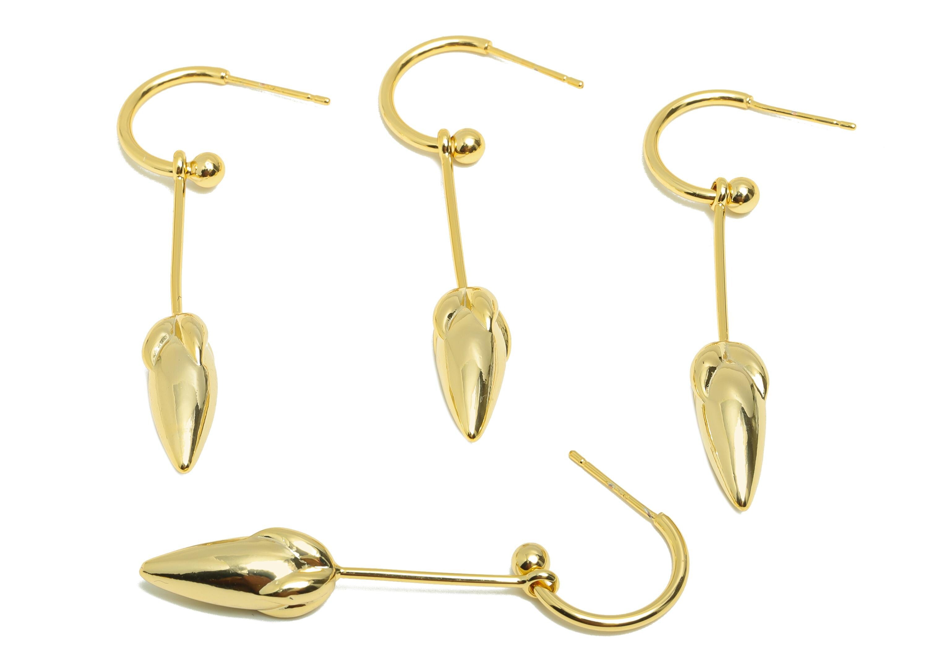 Brass C Hoop Earring - Tulip Dangle Earring Stud - Gold C Hoop Flower Dangle Earring Post - 18K Real Gold Plating -40.06x6.91x6.91mm-RGP9069 - DOMEDBAZAAR