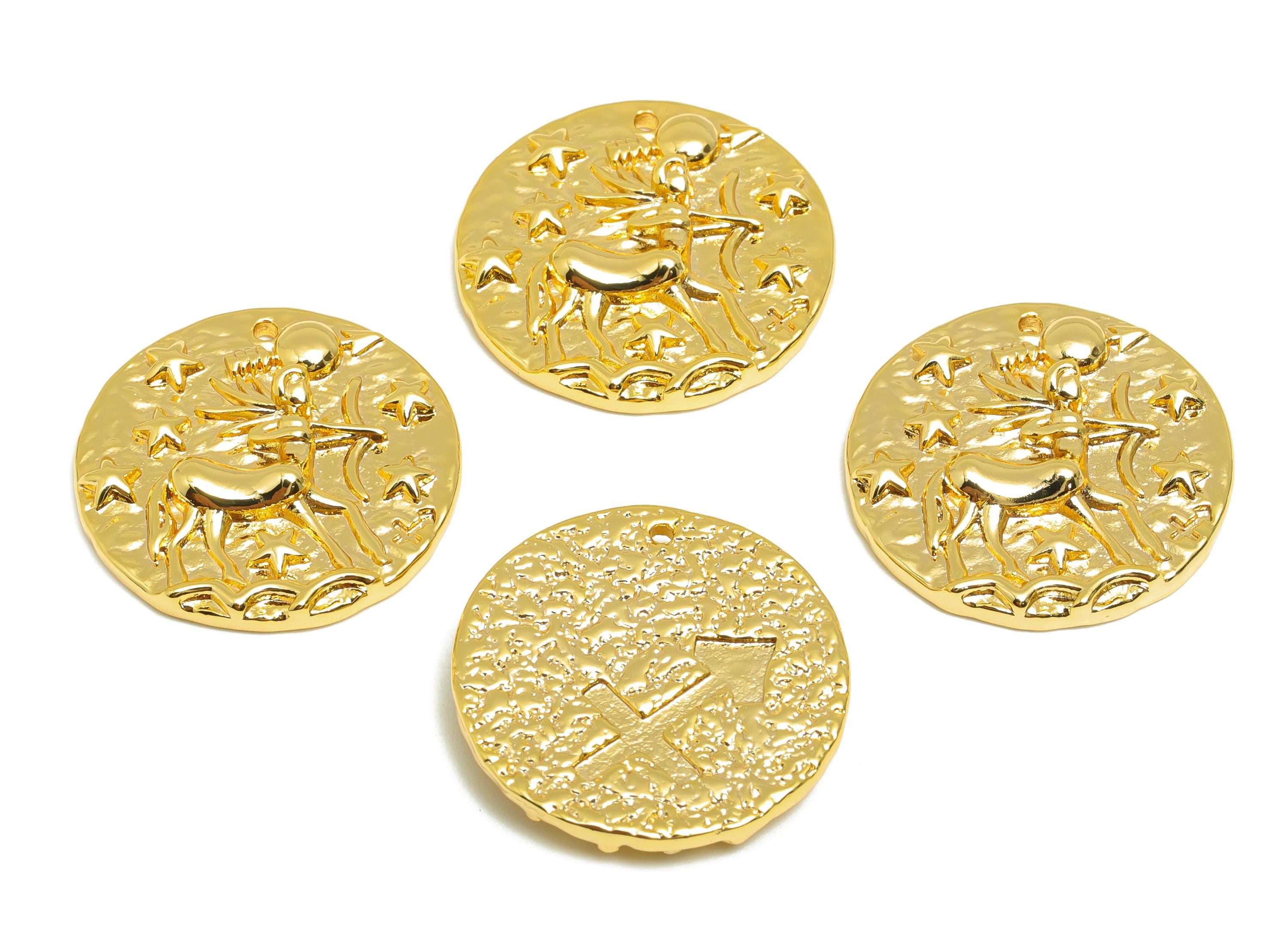 Sagittarius Round Earring Charm - Brass Zodiac Pendant - Brass Horoscopes Scorpio Necklace- 18K Real Gold Plated - 19.4x19x2.76mm - RGP4783N - DOMEDBAZAAR