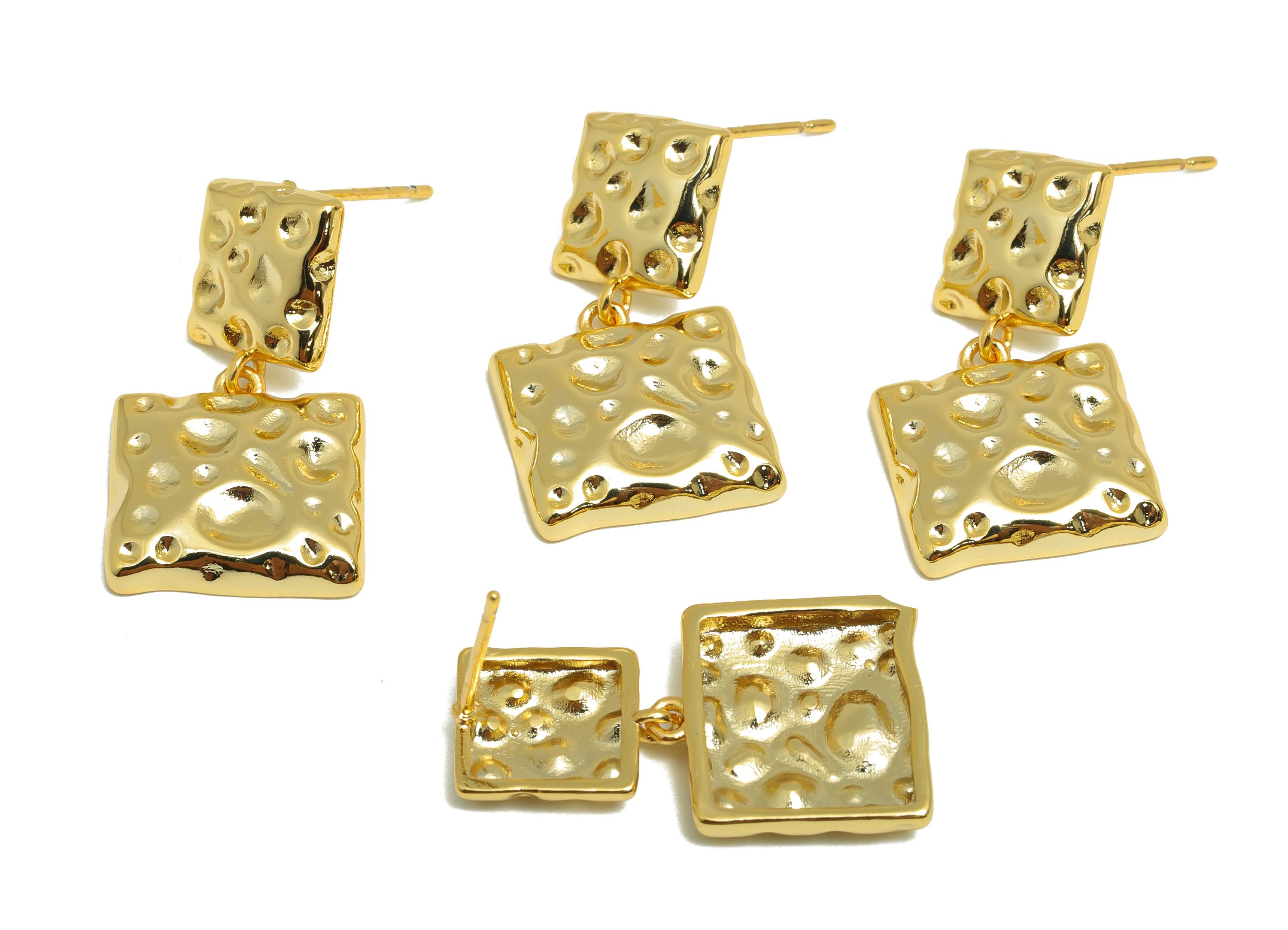 Dangle Earring Stud - Brass Dangle Square Jewelry - Modern Earring Post - Gold Chic Layered Stud - 18K Real Gold Plated - 13x11x2mm- RGP9163 - DOMEDBAZAAR