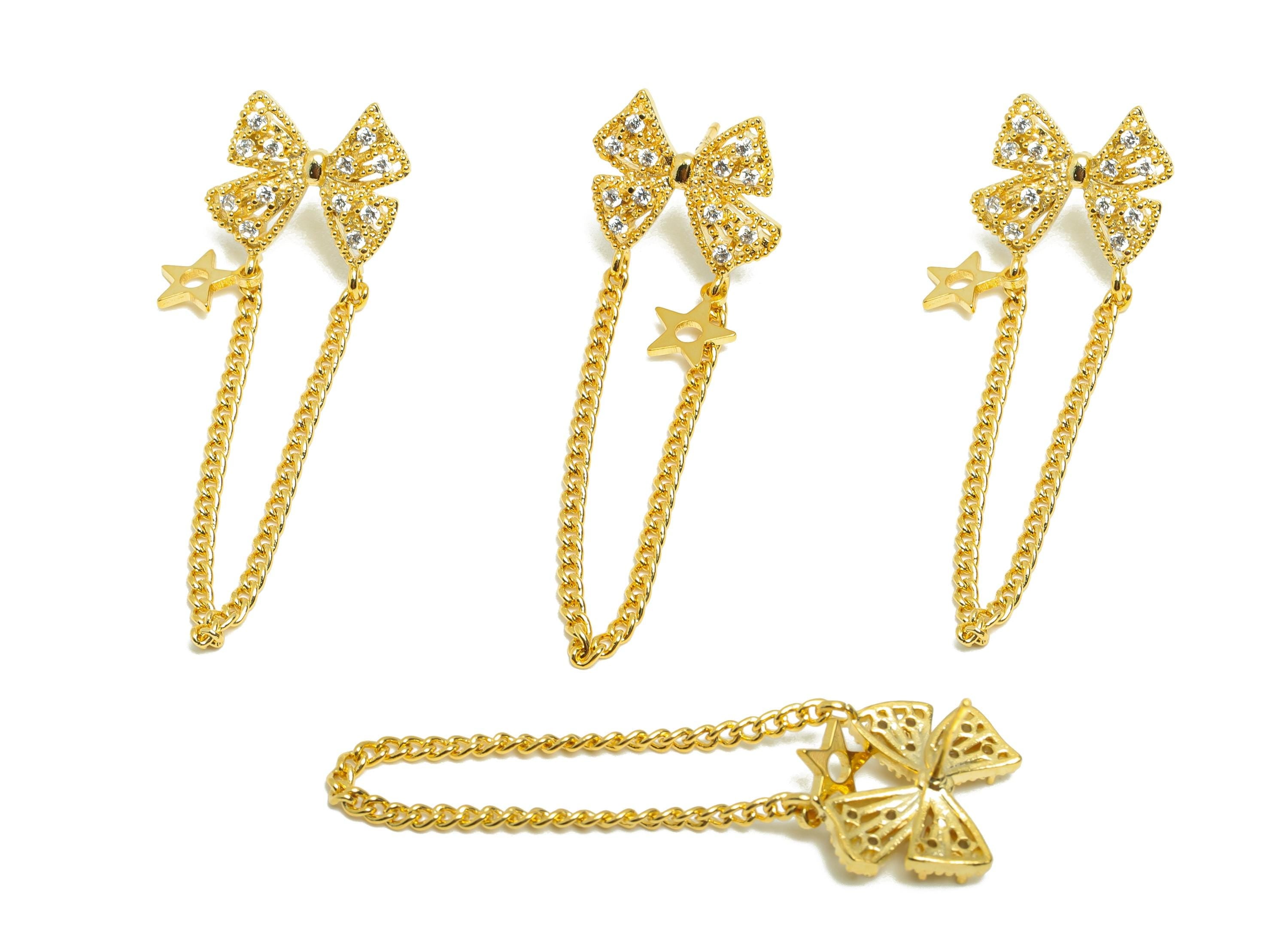 Brass Bow Tie Earring Stud - Gold Zircon Star Chain Dangle Ear - Bow Tie Daily Wear Ear - 18K Real Gold Plated - 46.48x15.25x2.94mm- RGP9078 - DOMEDBAZAAR