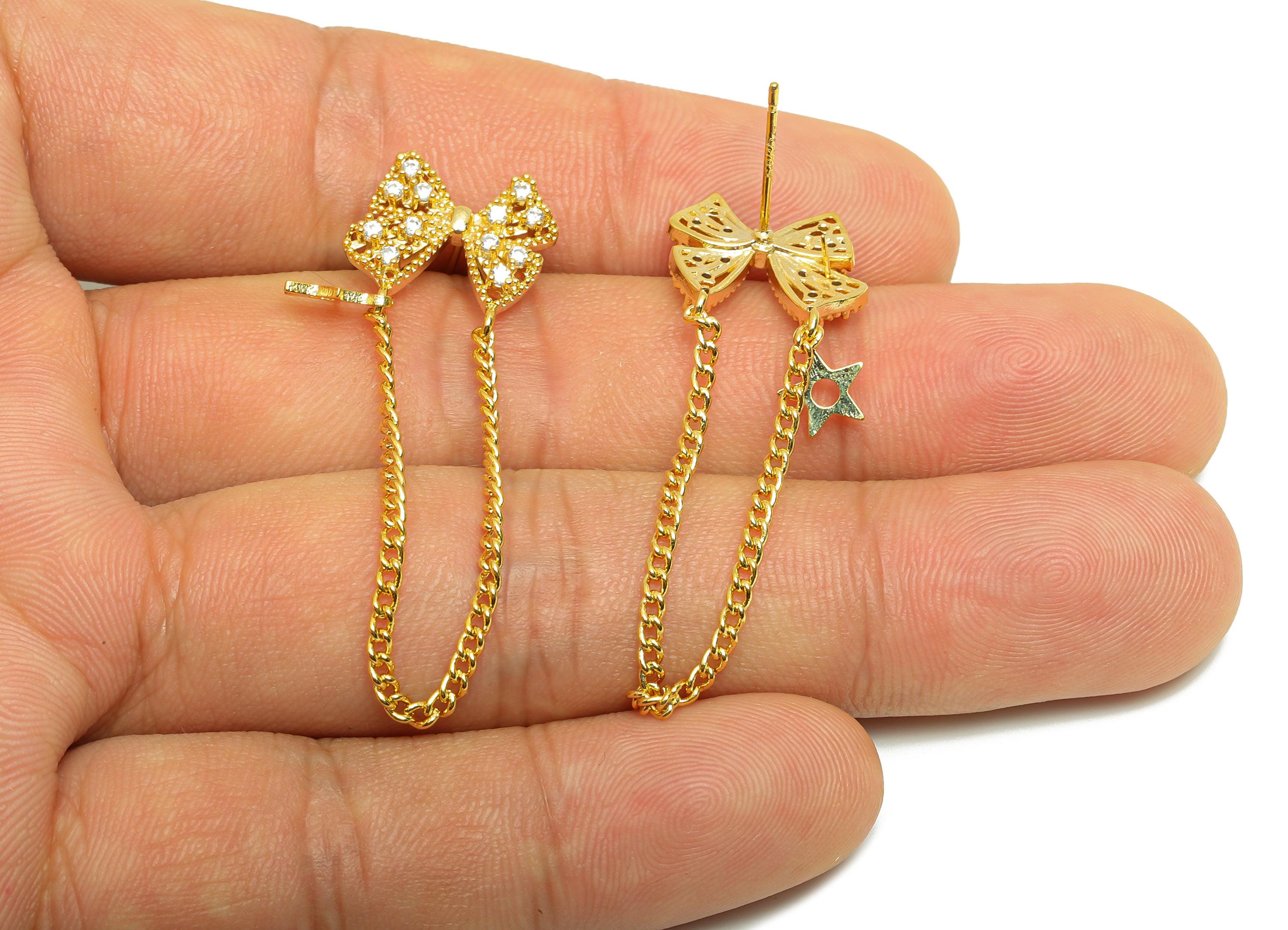 Brass Bow Tie Earring Stud - Gold Zircon Star Chain Dangle Ear - Bow Tie Daily Wear Ear - 18K Real Gold Plated - 46.48x15.25x2.94mm- RGP9078 - DOMEDBAZAAR