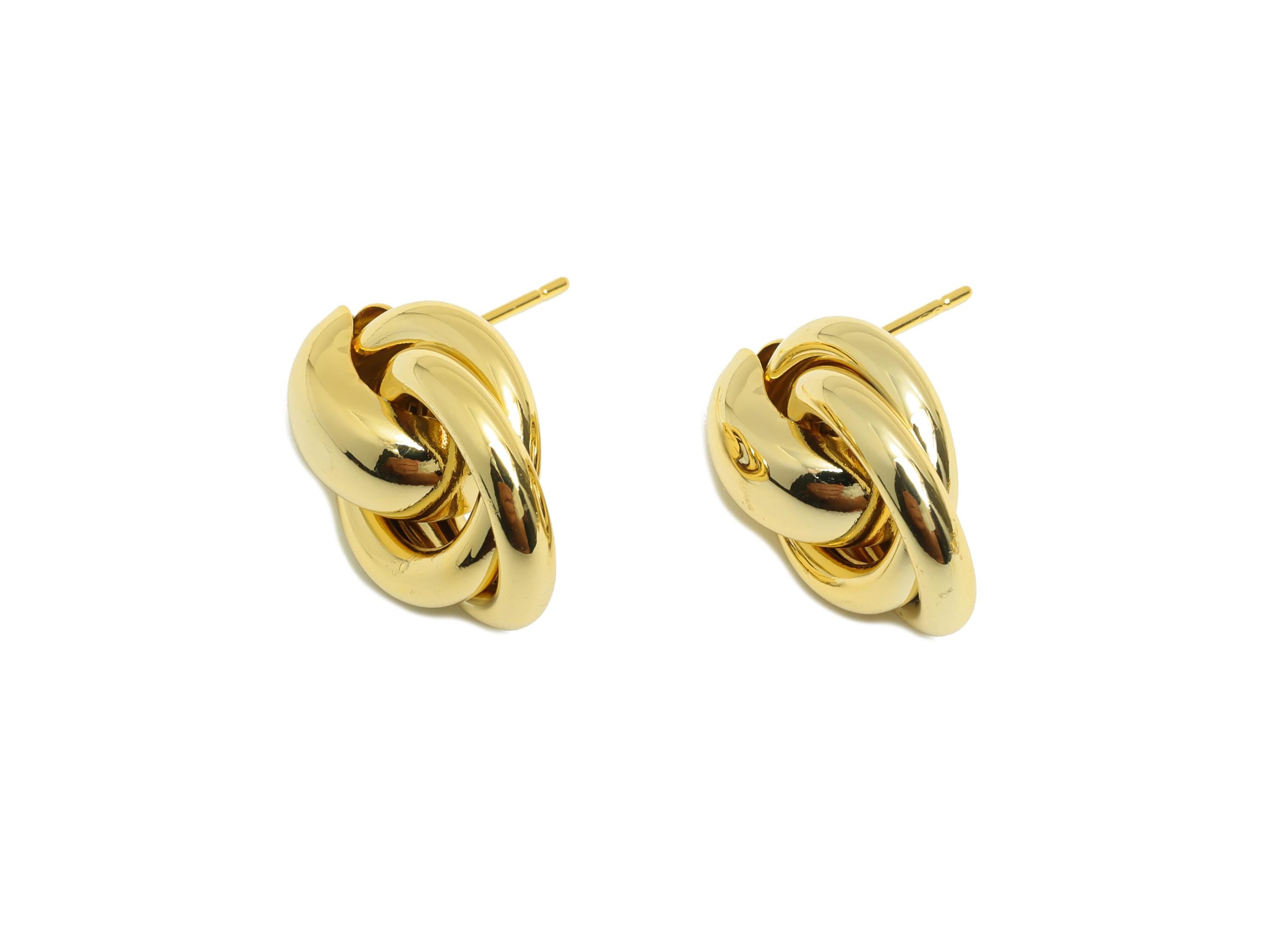 Brass Knot Earring Post - Gold Round Intertwined Earring Stud - Hoop Daily Wear Earring - 18K Real Gold Plating -22.61x15.88x7.19mm- RGP9079 - DOMEDBAZAAR