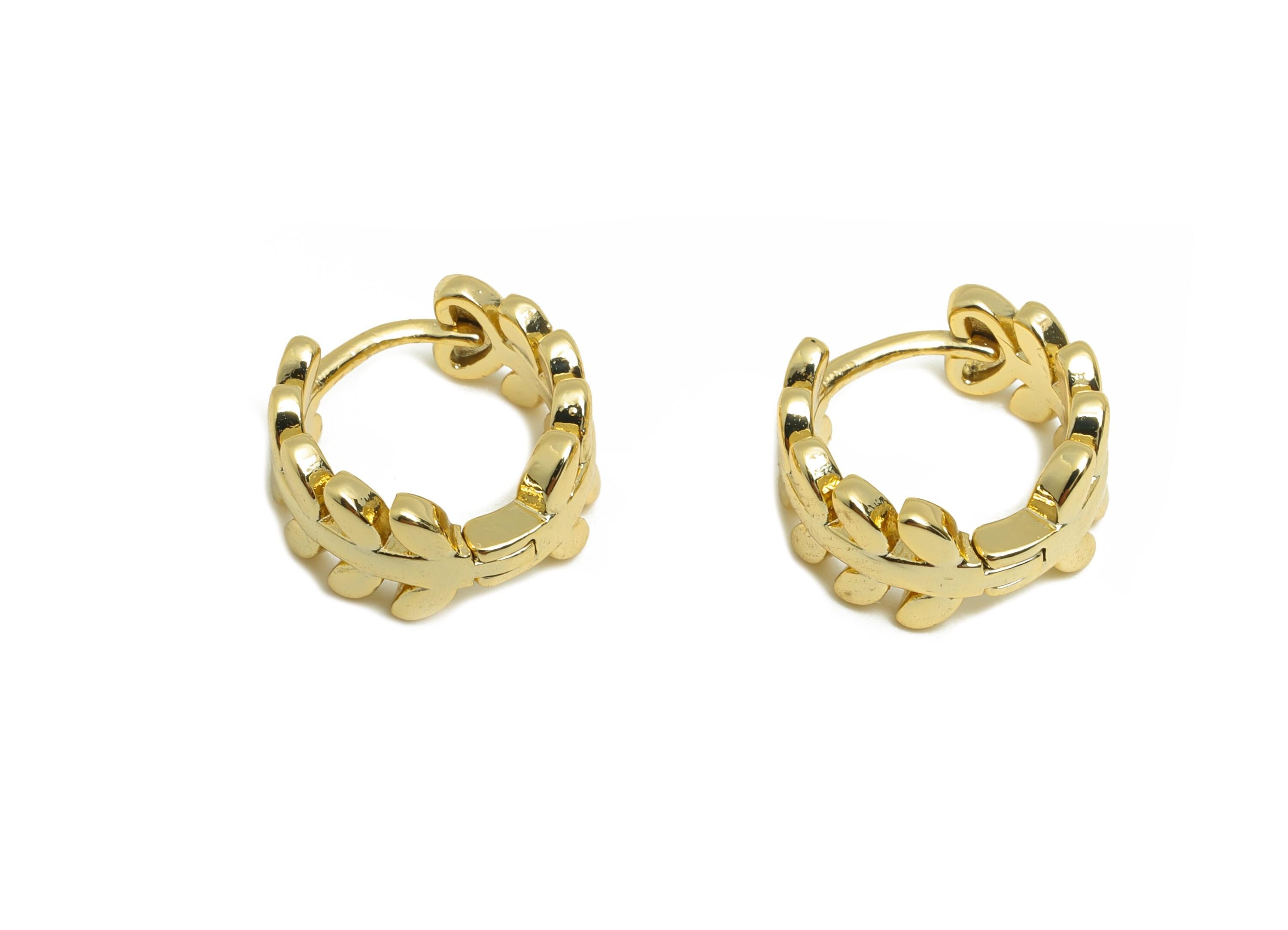 Brass Leaf Hoop Earring - Gold Mini Huggie Earring for Girl&#39;s - Leaves Daily Wear Earring - 18K Real Gold Plated - 11.53x11.4x1.3mm- RGP9091 - DOMEDBAZAAR