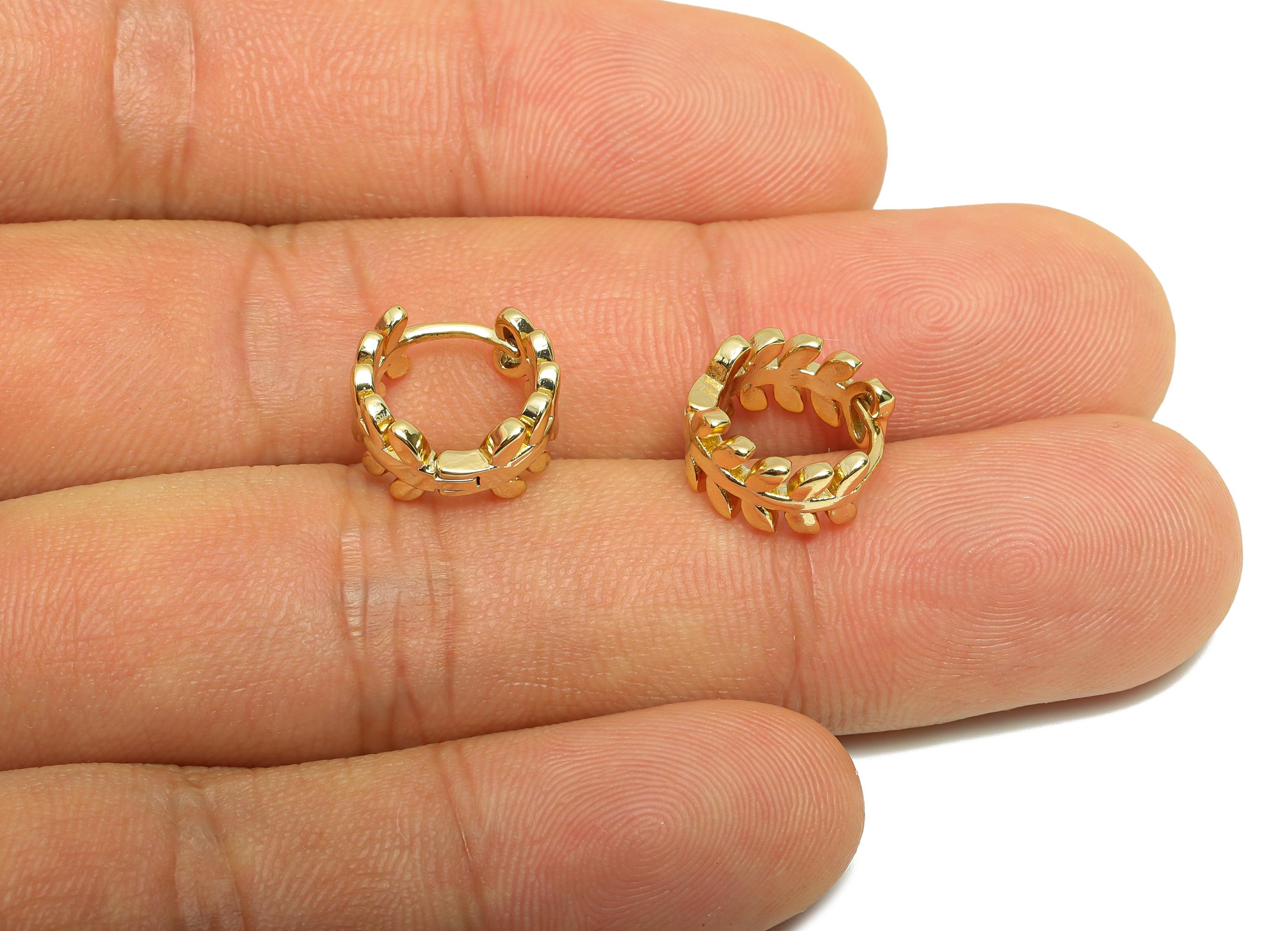 Brass Leaf Hoop Earring - Gold Mini Huggie Earring for Girl&#39;s - Leaves Daily Wear Earring - 18K Real Gold Plated - 11.53x11.4x1.3mm- RGP9091 - DOMEDBAZAAR