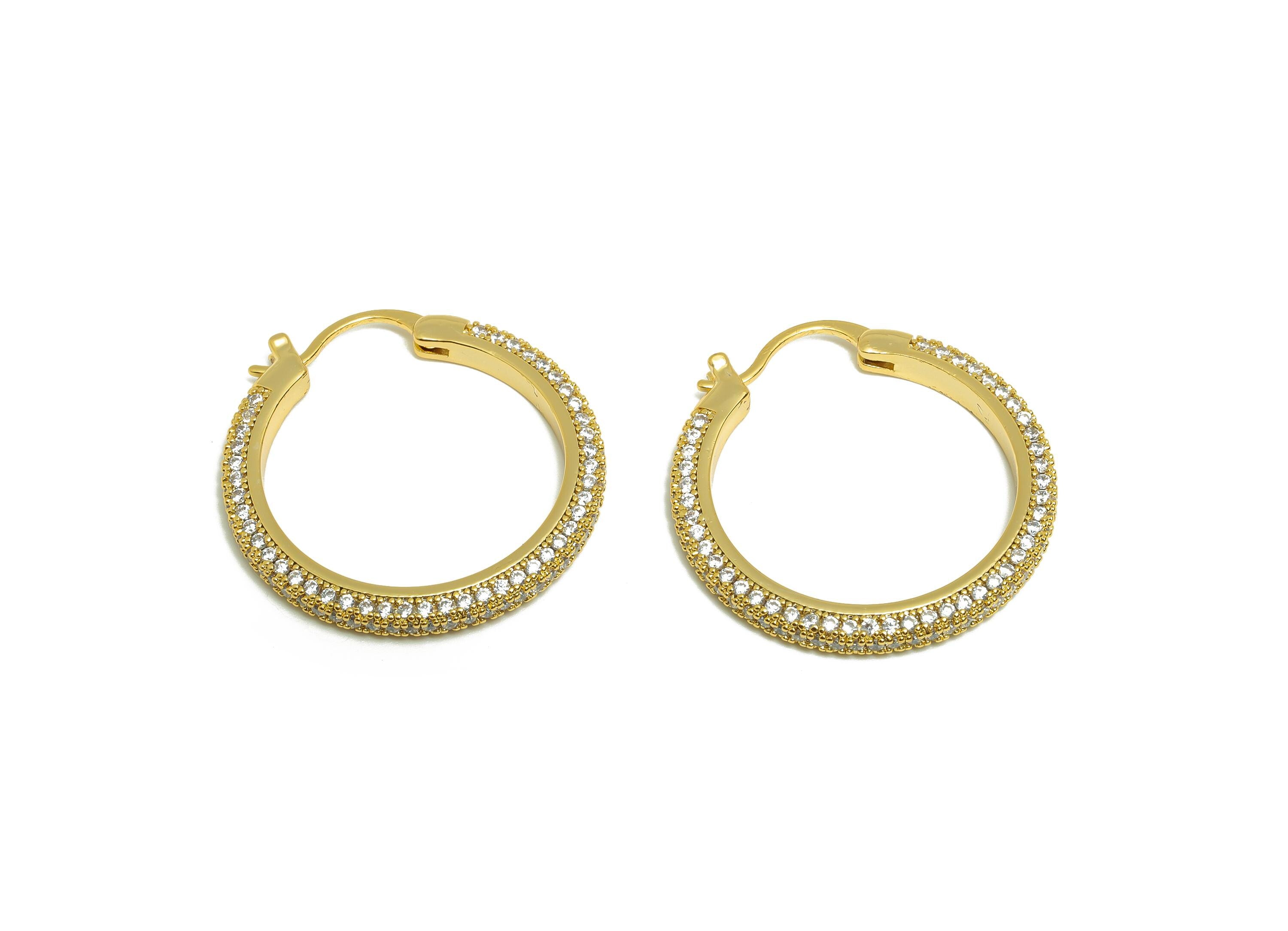 Brass Circle Hoop Earring - Gold Zircon 28mm Huggie Earring - Daily Wear Hinged Back Earring - 18K Real Gold Plated-28x28x2.88mm -RGP9093-28 - DOMEDBAZAAR