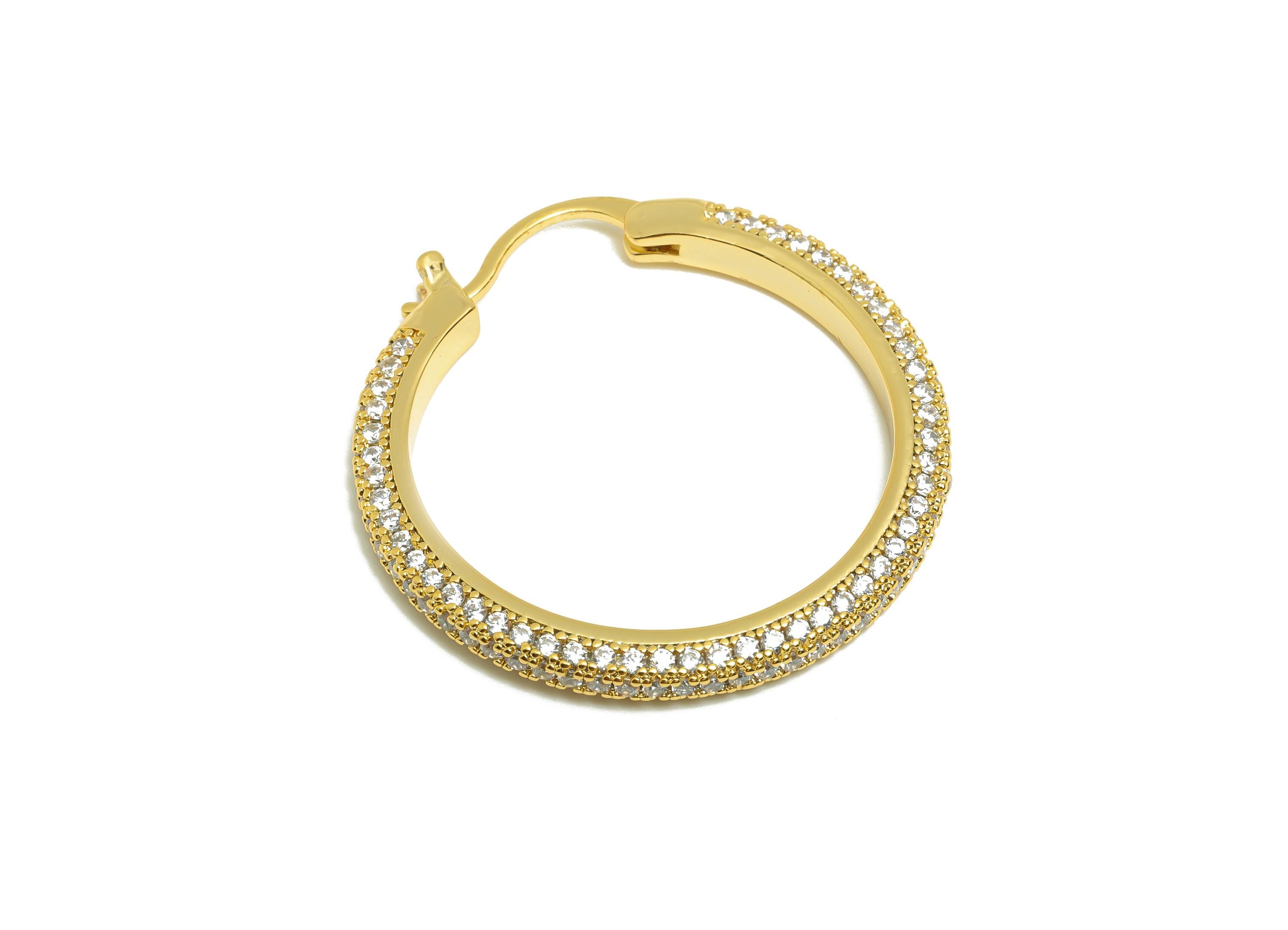 Brass Circle Hoop Earring - Gold Zircon 30mm Huggie Earring - Daily Wear Hinged Back Earring - 18K Real Gold Plated -30x30x2.9mm -RGP9093-30 - DOMEDBAZAAR