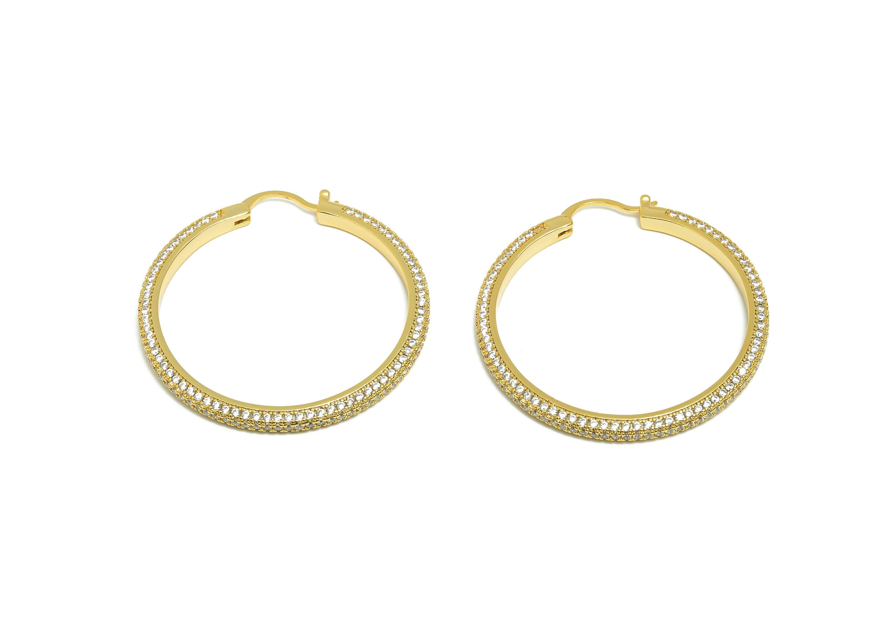 Brass Circle Hoop Earring - Gold Zircon 40mm Huggie Earring - Daily Wear Hinged Back Earring - 18K Real Gold Plated -40x40x2.9mm -RGP9093-40 - DOMEDBAZAAR