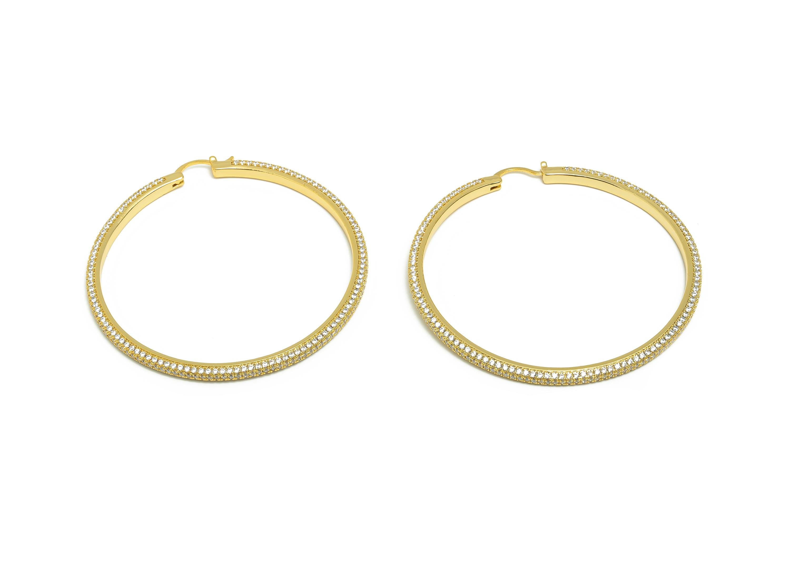Brass Circle Hoop Earring - Gold Zircon 60mm Huggie Earring - Daily Wear Hinged Back Earring - 18K Real Gold Plated -60x60x3.1mm -RGP9093-60 - DOMEDBAZAAR