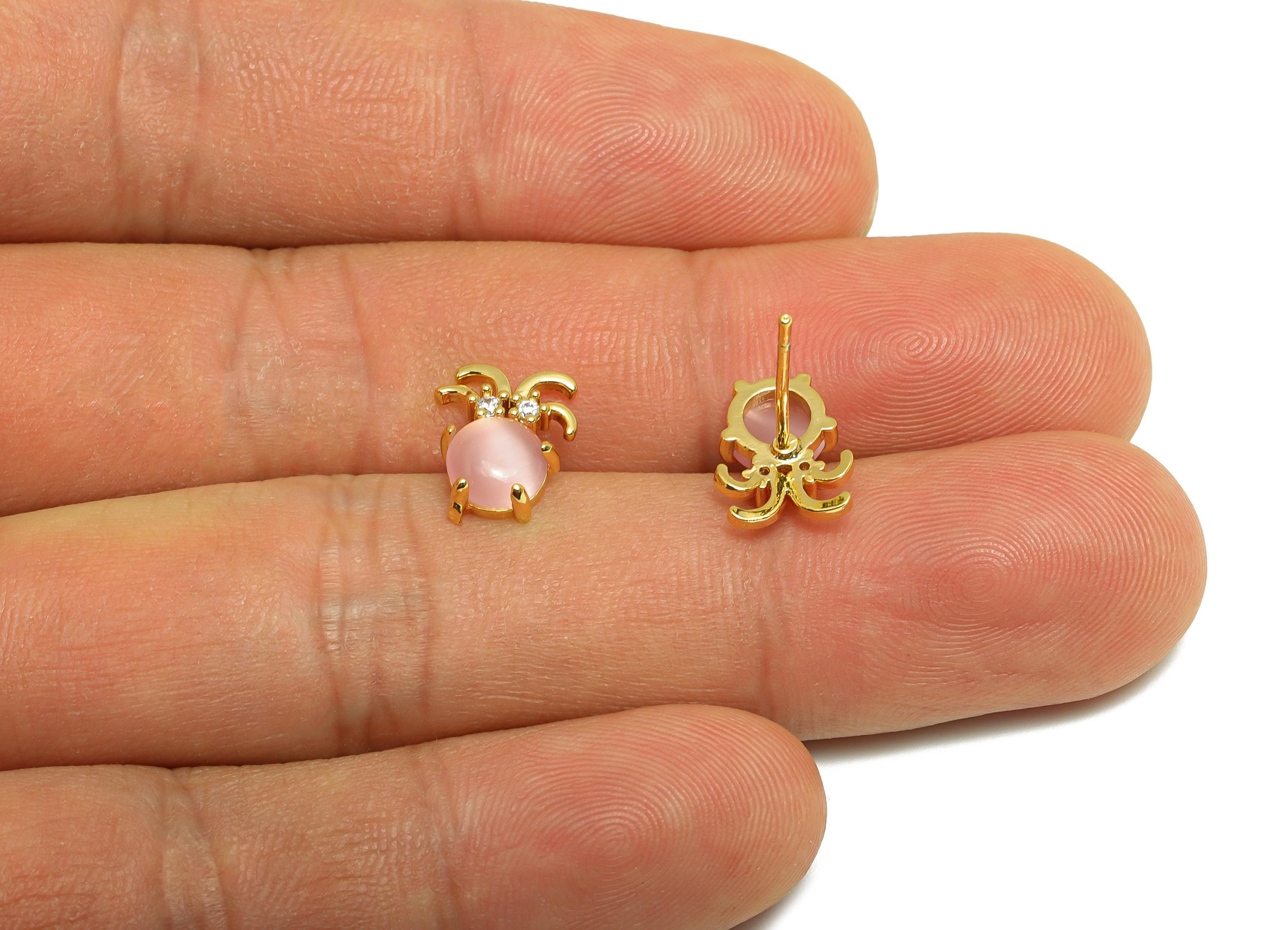 Elegant Pink Earrings - Brass Petite Gold Earring Stud - Dainty Stud Earring - Gold Jewelry - 18K Real Gold Plated - 10x8x3.77mm - RGP9170 - DOMEDBAZAAR