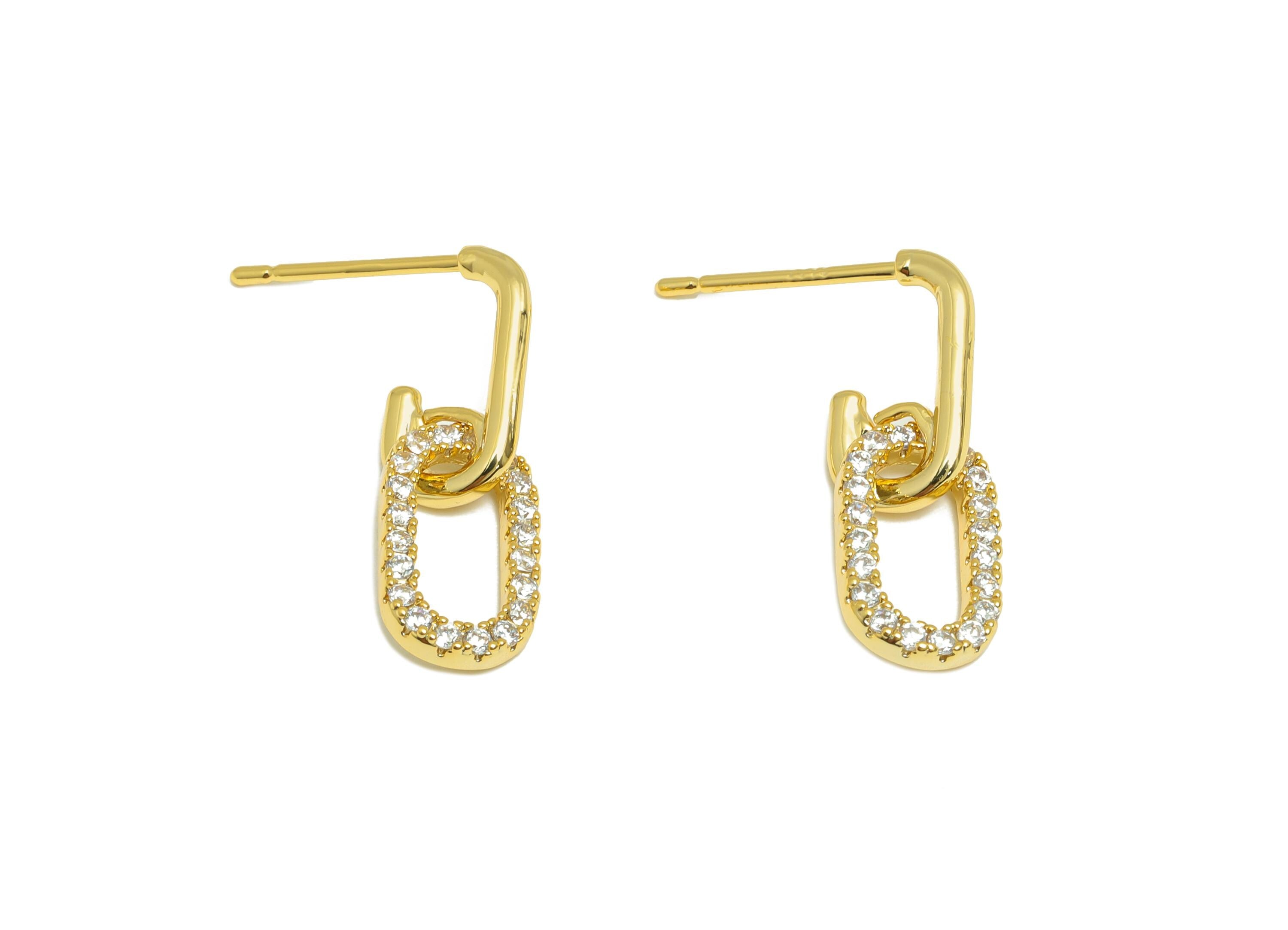 Gold Dangle Hoop Earring - Brass Zircon Hoop Earring Stud - Layering Diamond Link Earring - 18K Real Gold Plated - 20x7.12x1.54mm - RGP9181 - DOMEDBAZAAR