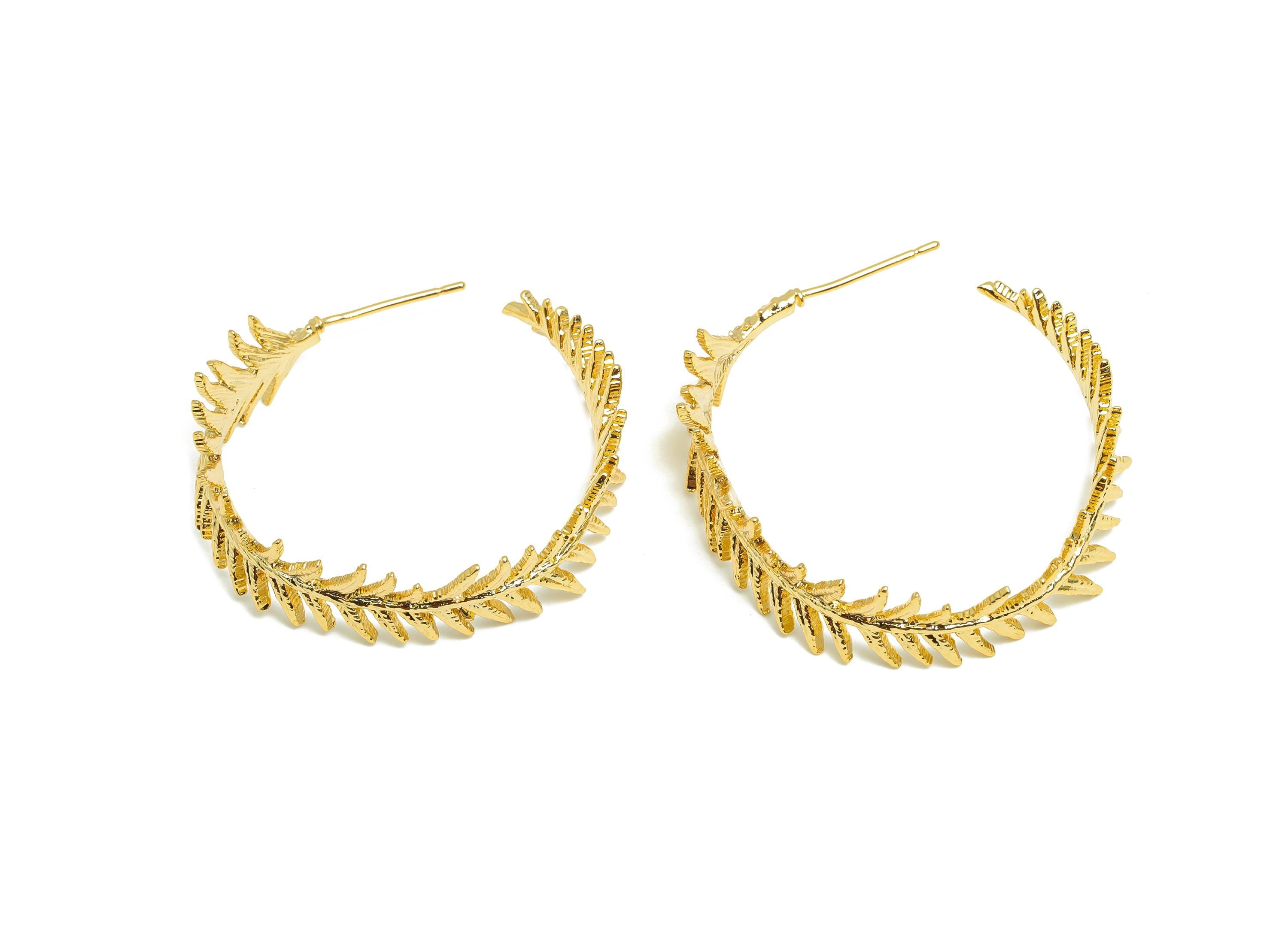 Brass Branch Hoop Earring - Gold Leaf Hoop Earring Post - Botanical Hoop Earring - Modern Jewelry - 18K Real Gold Plated - 31x27x1mm-RGP9182 - DOMEDBAZAAR