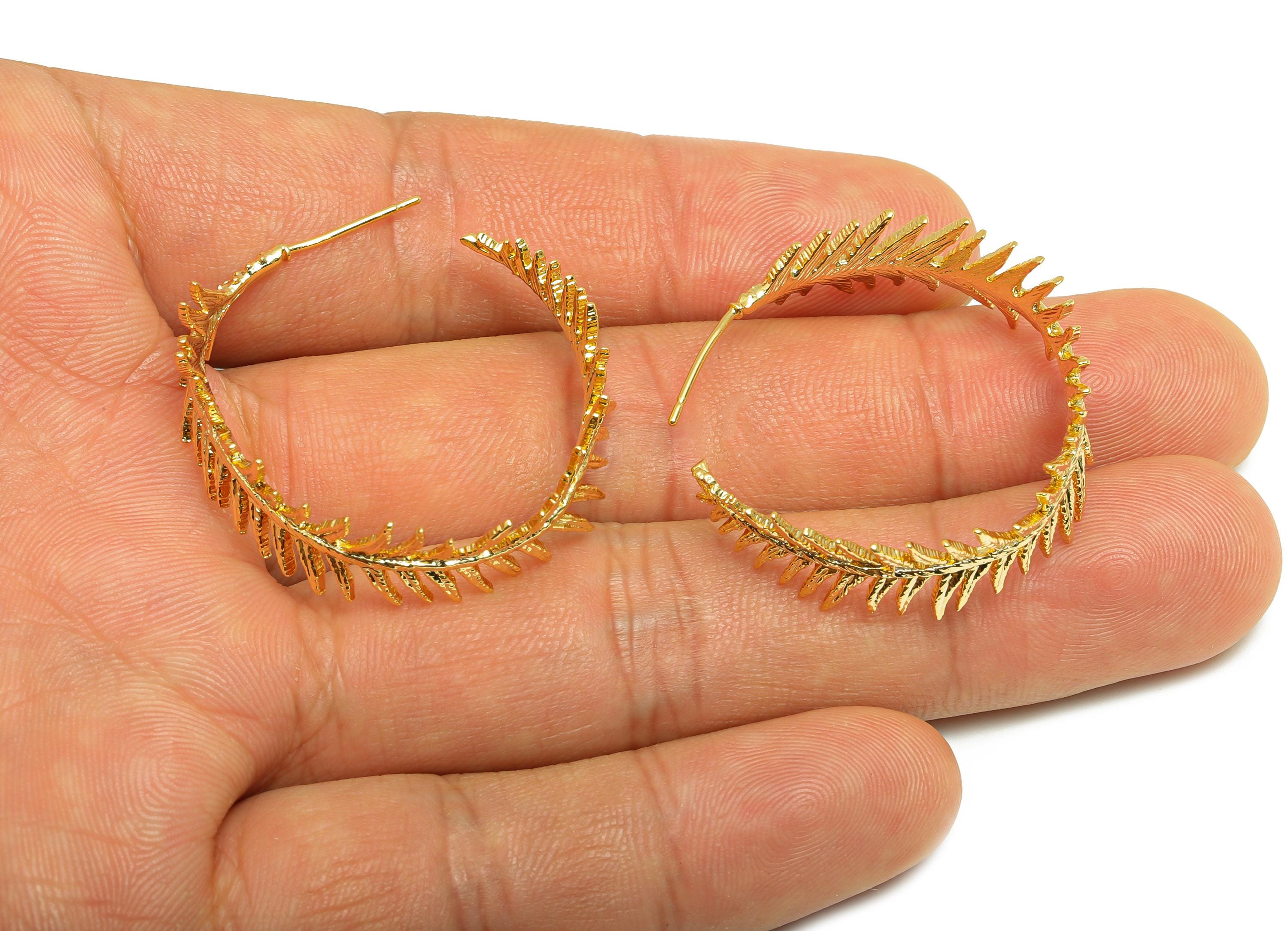 Brass Branch Hoop Earring - Gold Leaf Hoop Earring Post - Botanical Hoop Earring - Modern Jewelry - 18K Real Gold Plated - 31x27x1mm-RGP9182 - DOMEDBAZAAR