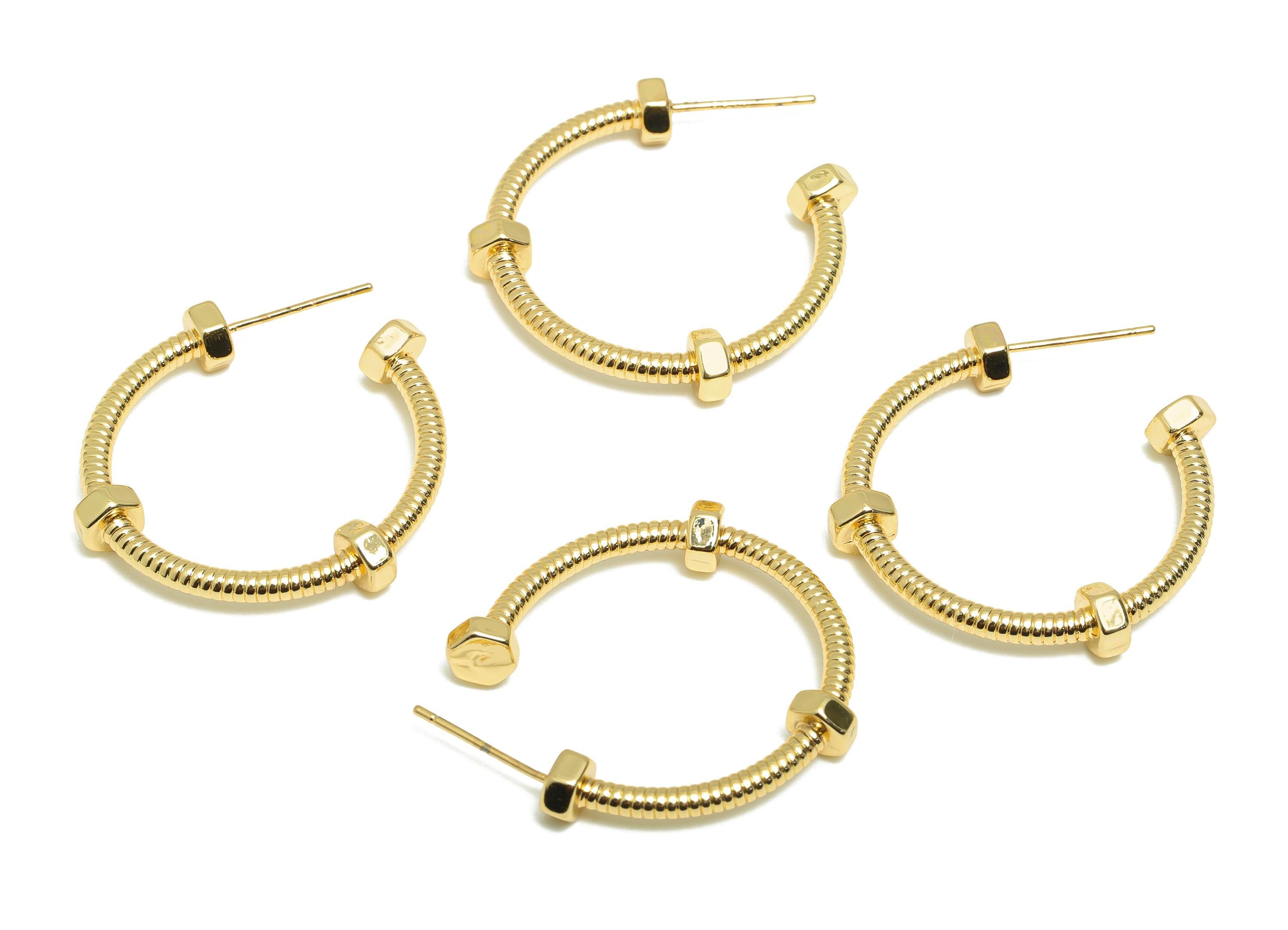 Screw Hoop Earring Stud - Gold Textured Hoop Post - Brass Bold Fashion Earring - Modern Jewelry - 18K Real Gold Plated - 28x26x4mm - RGP9224 - DOMEDBAZAAR