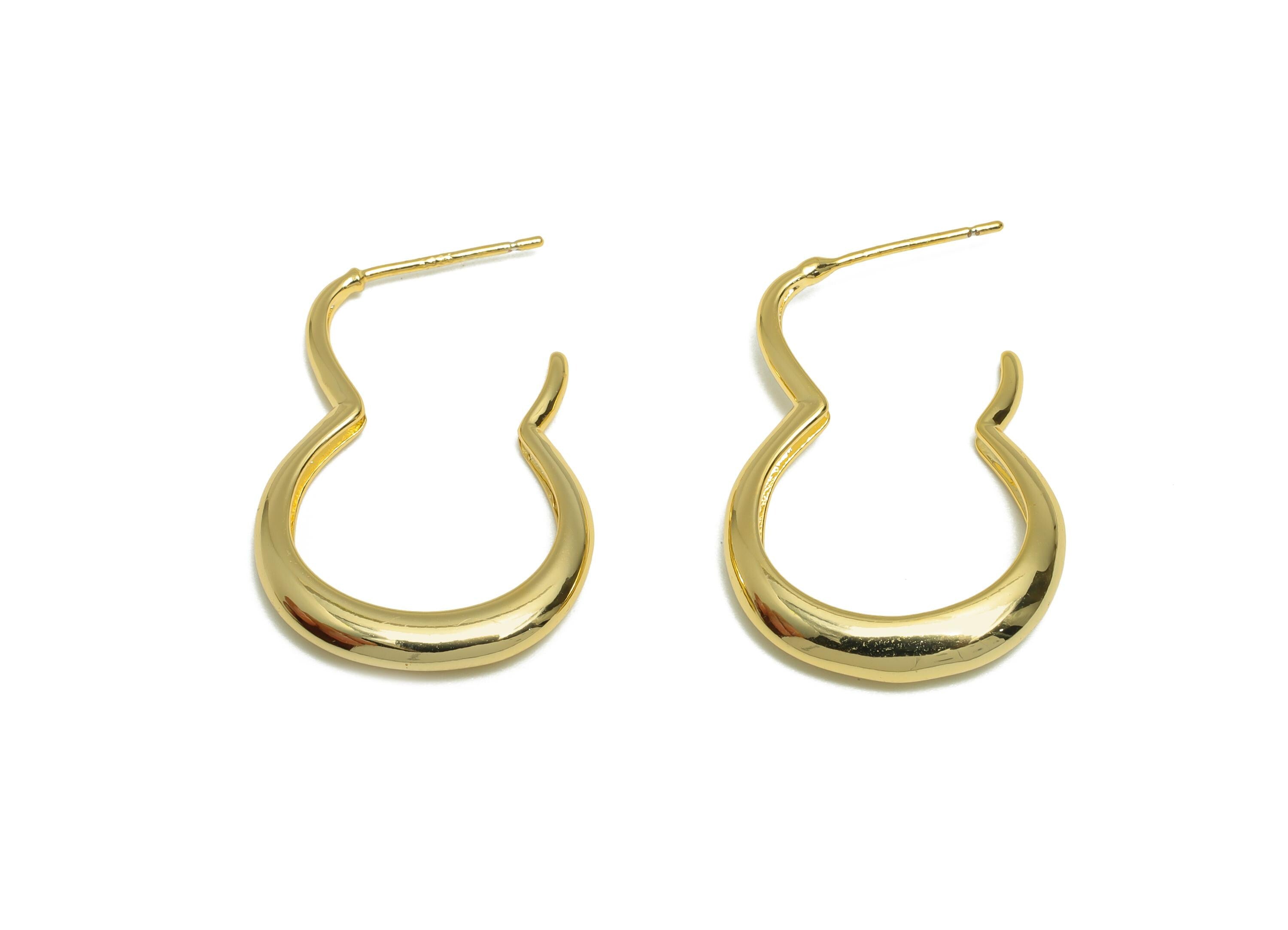 Abstract Earring Stud - Curved Gold Hoop Earring Post - Brass Fluid Hoop Earring - Modern Jewelry - 18K Real Gold Plated - 29x20x3mm-RGP9225 - DOMEDBAZAAR