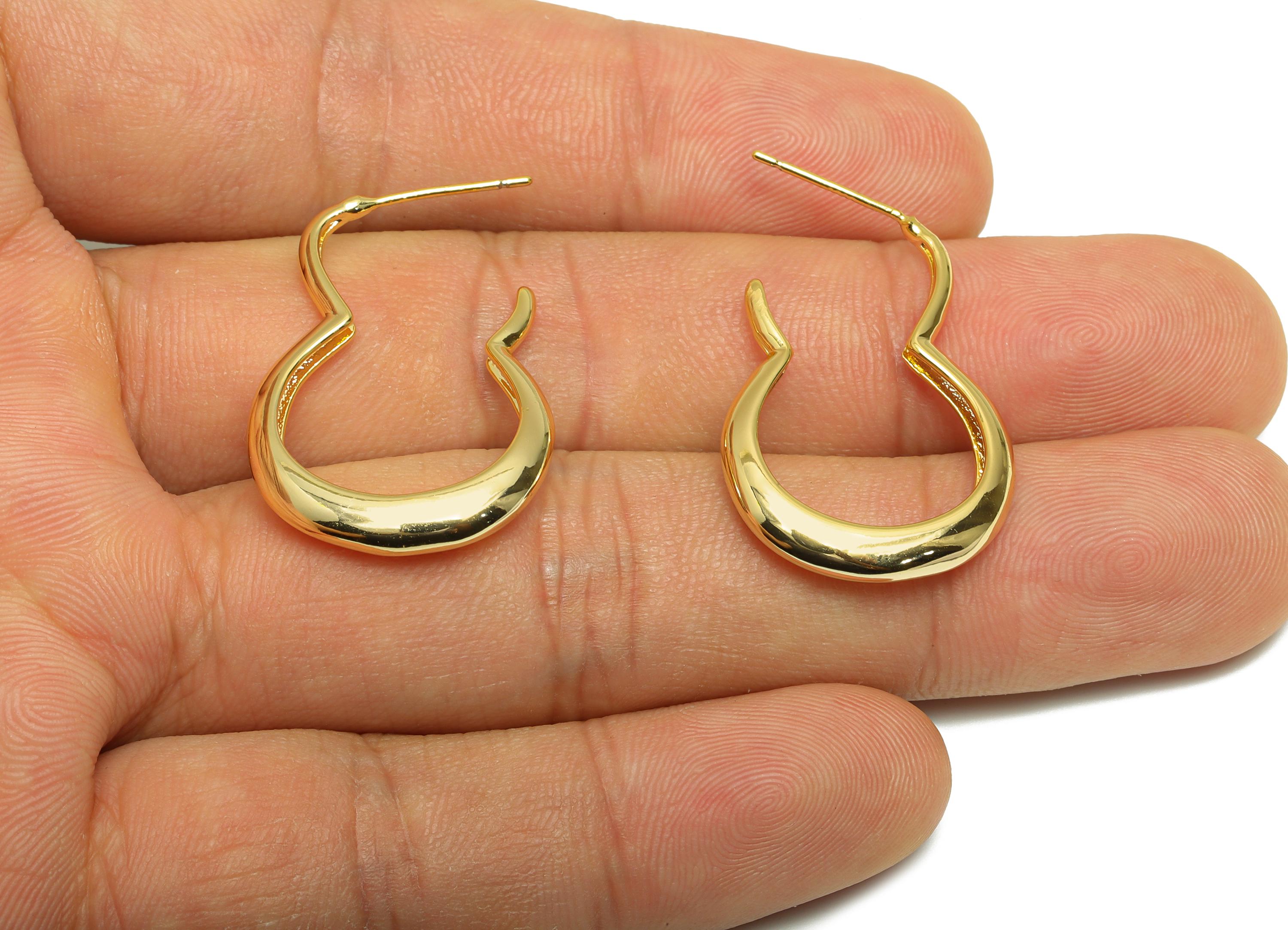 Abstract Earring Stud - Curved Gold Hoop Earring Post - Brass Fluid Hoop Earring - Modern Jewelry - 18K Real Gold Plated - 29x20x3mm-RGP9225 - DOMEDBAZAAR
