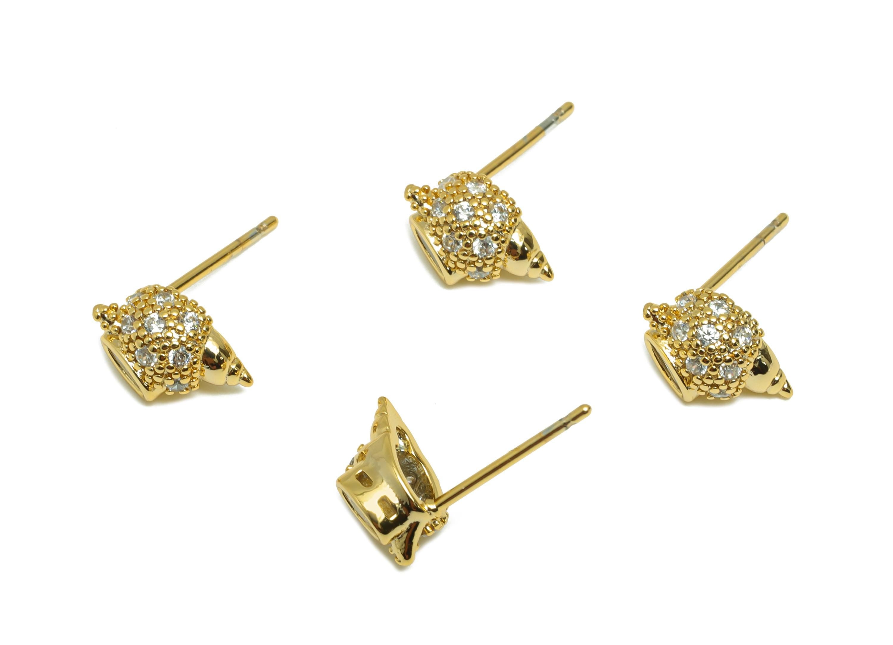 Conch Shell Earring Stud - Brass Zircon Seashell Post - Ocean Themed Jewelry - Marine Life Jewelry - 18K Real Gold Plating -10x6x2mm-RGP9226 - DOMEDBAZAAR