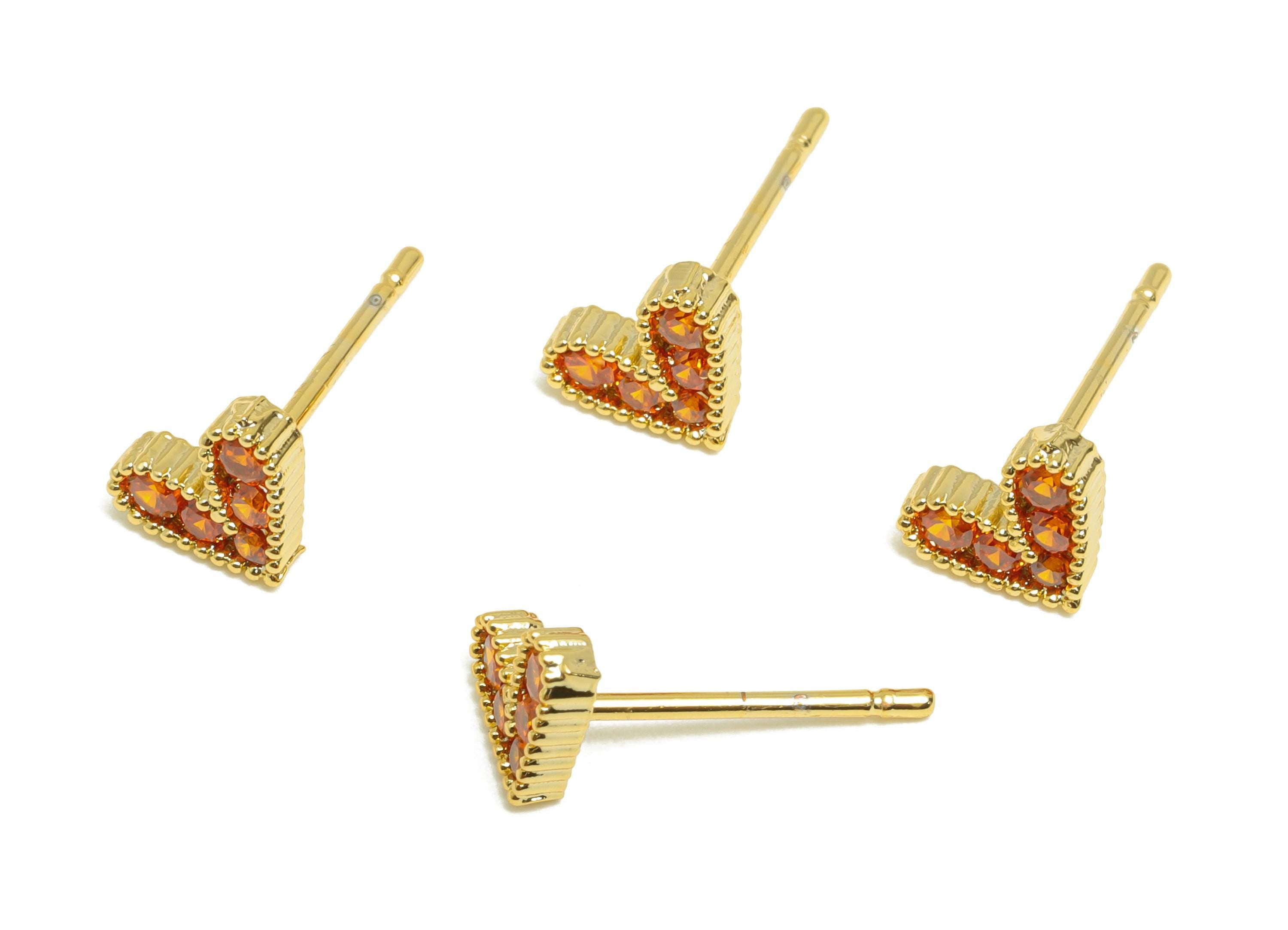 Vintage Earring Stud - Gold Zircon Heart Earring Post - Brass Classic Red Heart Earring Stud - 18K Real Gold Plating - 7x5x1.78mm - RGP9235 - DOMEDBAZAAR