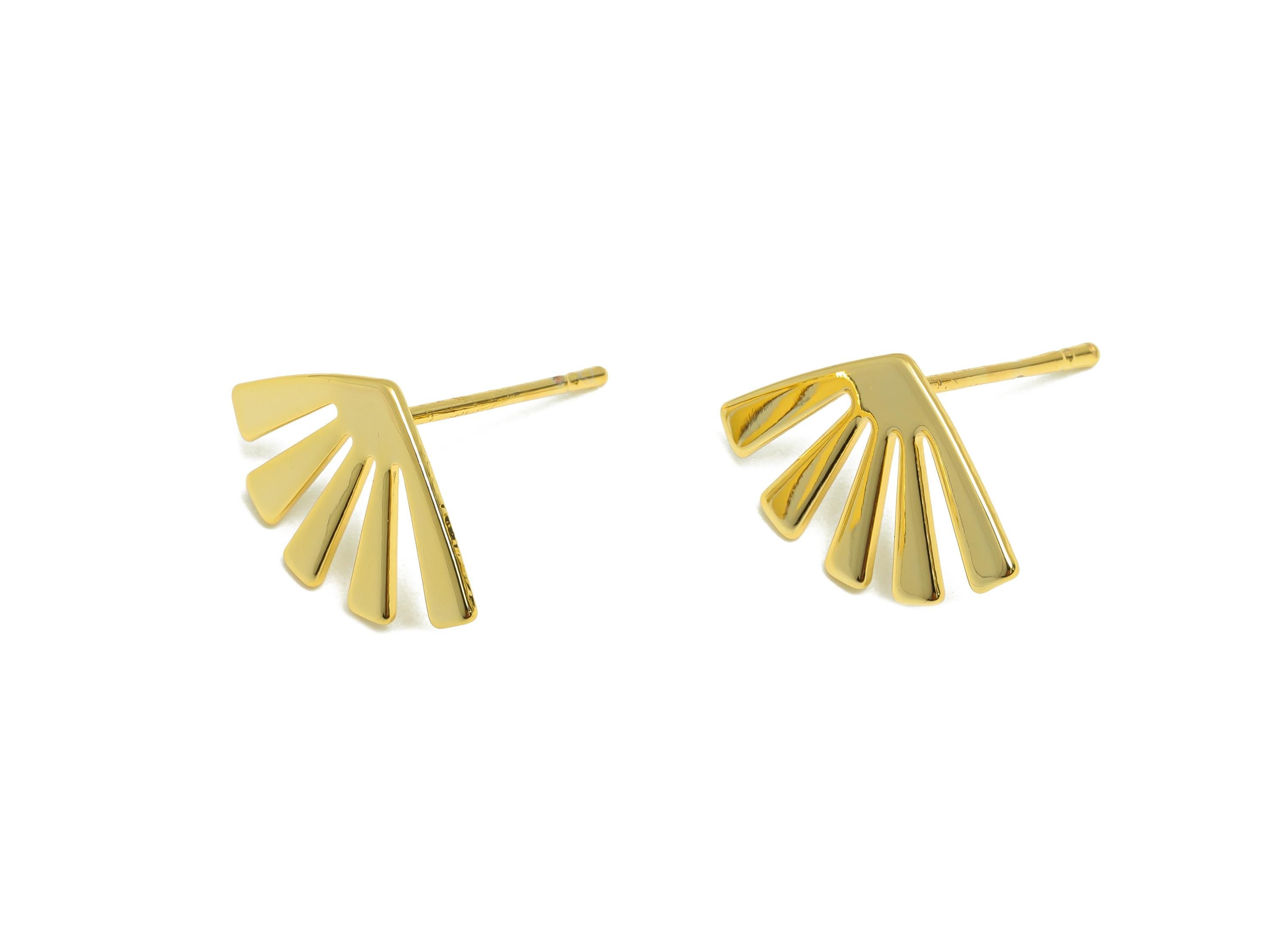 Art Deco Earring Stud - Brass Bold Geometric Fan Earring Post - Everyday Minimalist Gold Jewelry - 18K Real Gold Plated - 14x9x1mm - RGP9259 - DOMEDBAZAAR