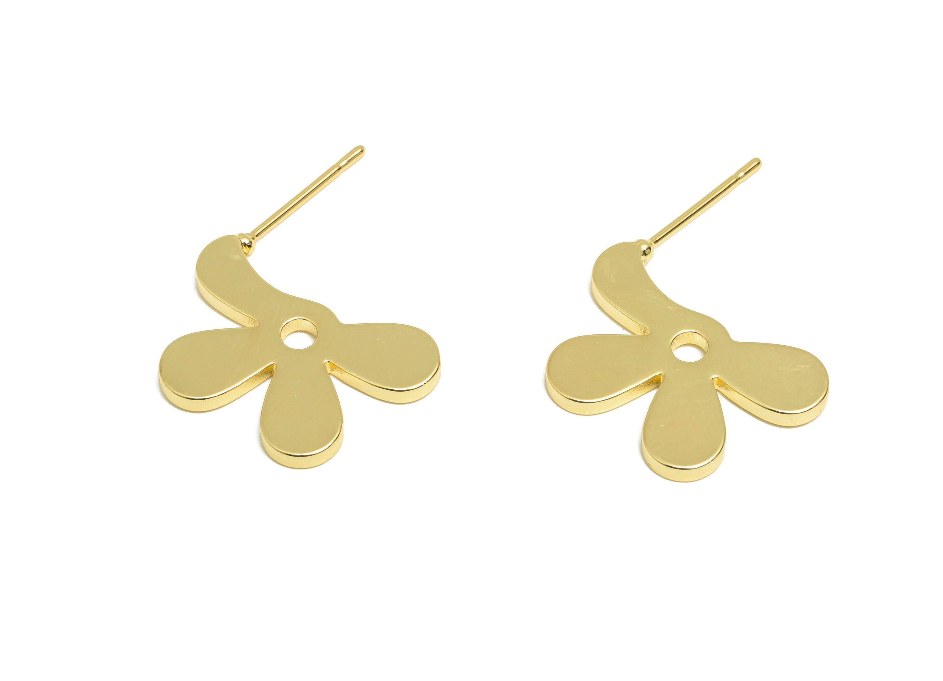 Brass Flower Earring - Gold Sleek Flower Earring Post - Everyday Gold Jewelry - Botanical Earring - 18K Real Gold Plated - 19x21x1mm-RGP9260 - DOMEDBAZAAR