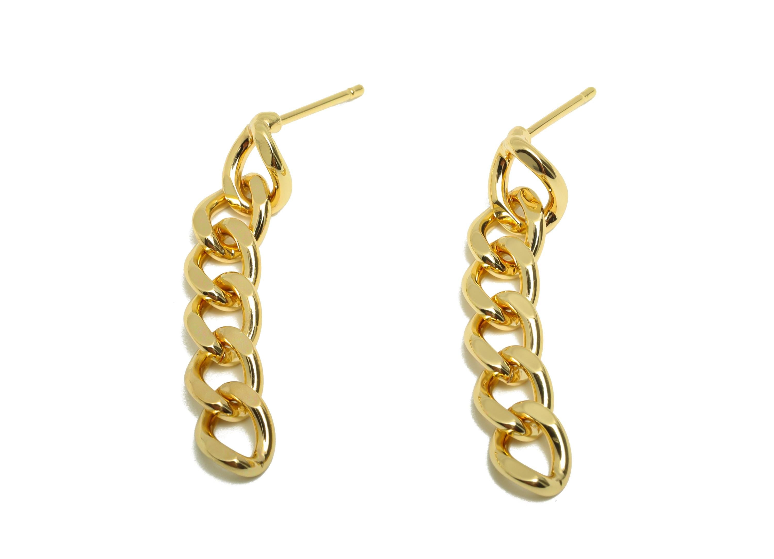 Brass Cube Chain Earring - Gold Chain Ear Post for Woman&#39;s - Tassel Chain Stud Earring - 18K Real Gold Plating - 35.25x6.43x1.47mm - RGP9104 - DOMEDBAZAAR