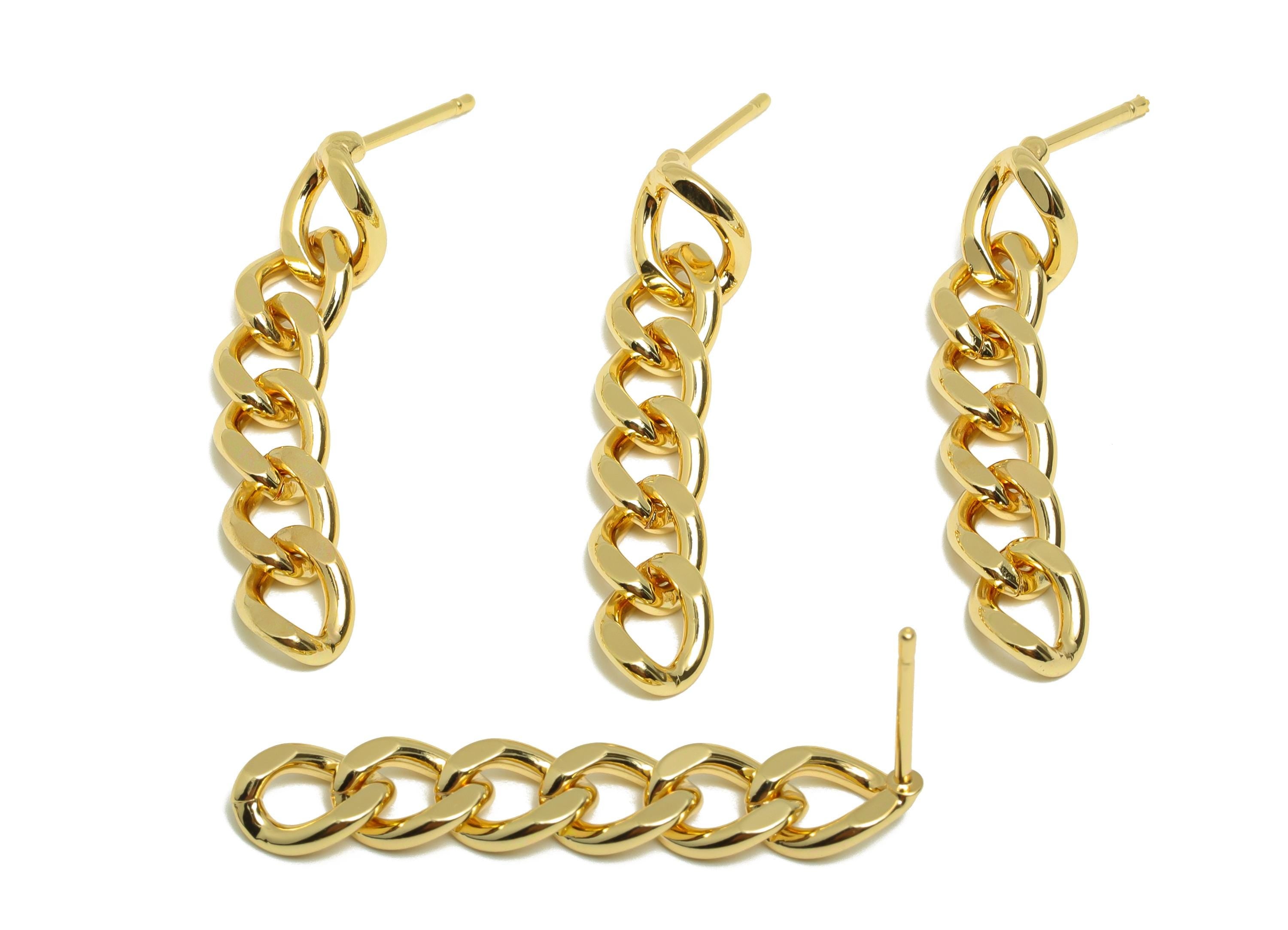 Brass Cube Chain Earring - Gold Chain Ear Post for Woman&#39;s - Tassel Chain Stud Earring - 18K Real Gold Plating - 35.25x6.43x1.47mm - RGP9104 - DOMEDBAZAAR