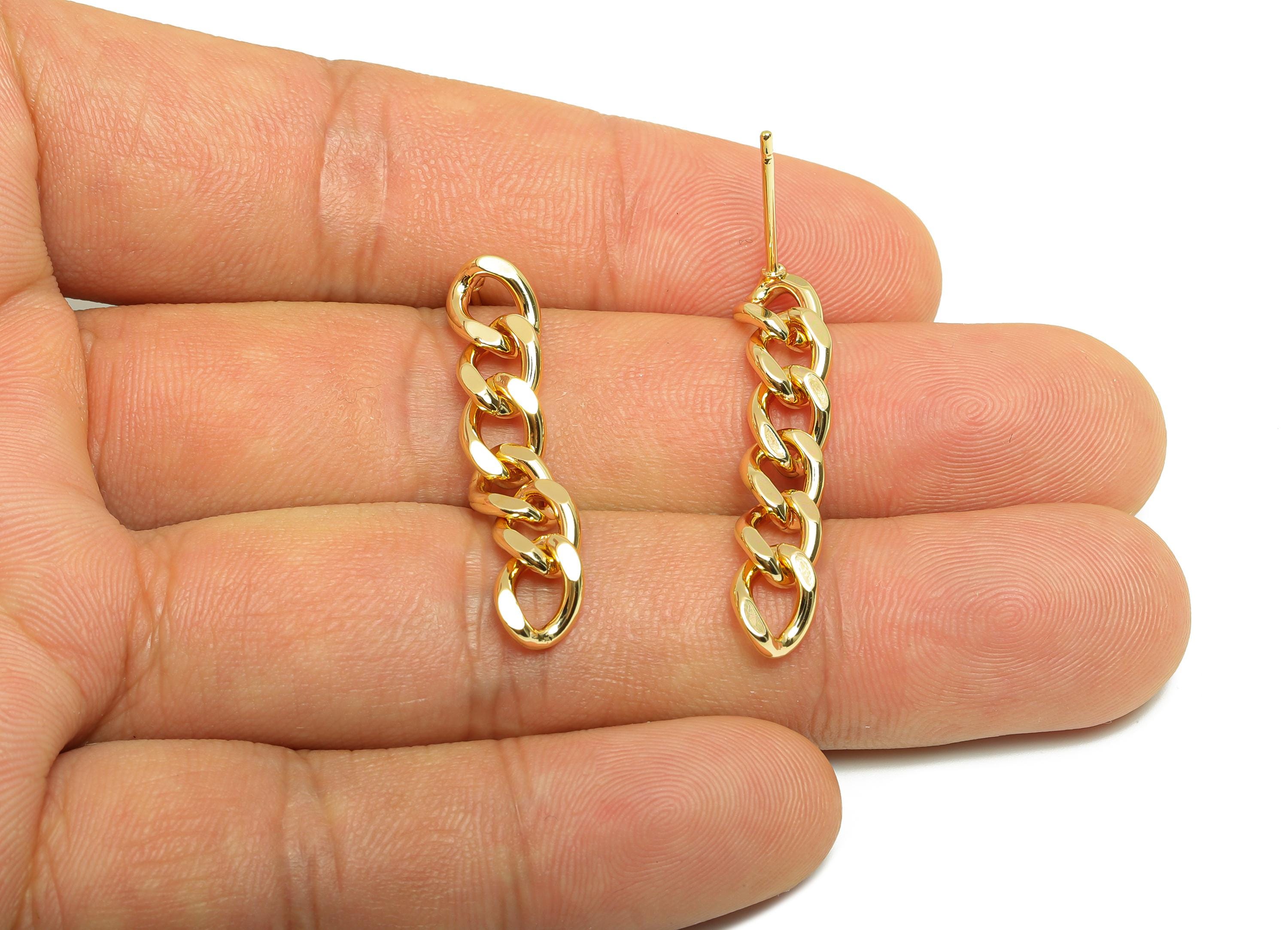 Brass Cube Chain Earring - Gold Chain Ear Post for Woman&#39;s - Tassel Chain Stud Earring - 18K Real Gold Plating - 35.25x6.43x1.47mm - RGP9104 - DOMEDBAZAAR