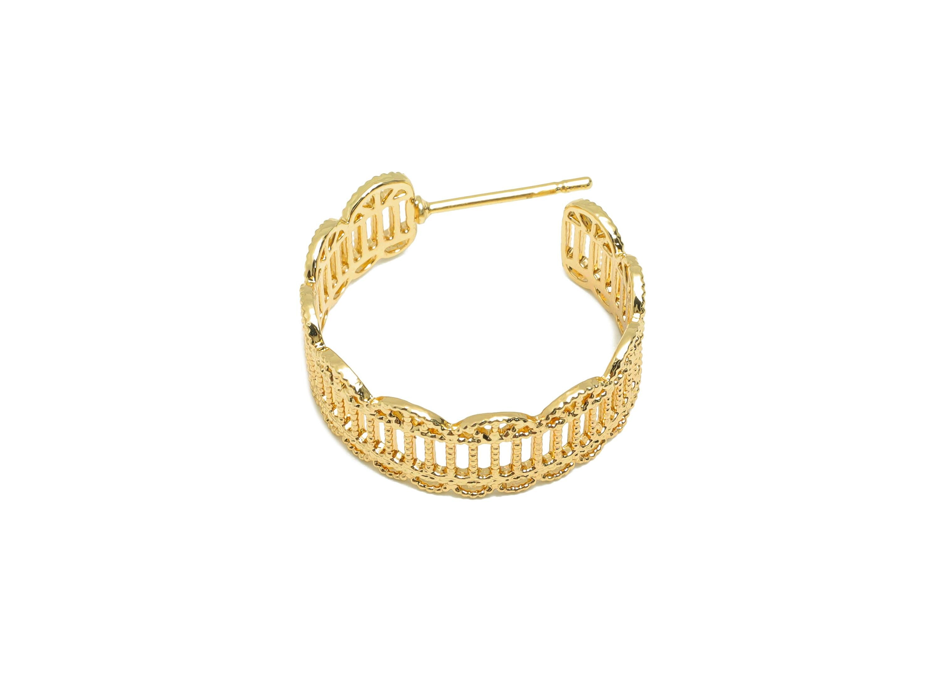 Brass C Hoop Earring Stud - Gold Textured Hoop Earring Post - Circle Daily Wear Earring - 18K Real Gold Plating -20.37x19.45x1.04mm- RGP9106 - DOMEDBAZAAR