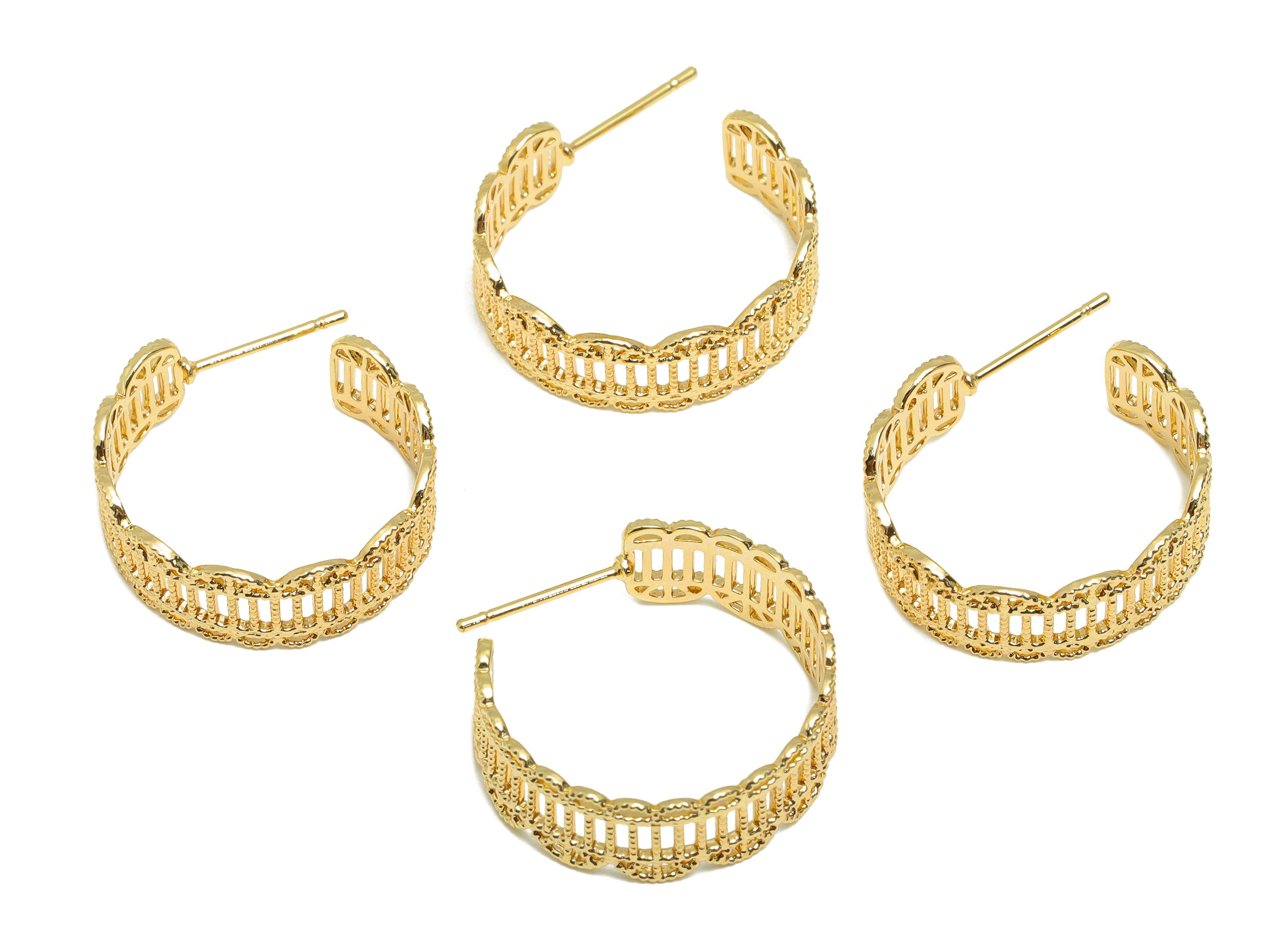 Brass C Hoop Earring Stud - Gold Textured Hoop Earring Post - Circle Daily Wear Earring - 18K Real Gold Plating -20.37x19.45x1.04mm- RGP9106 - DOMEDBAZAAR